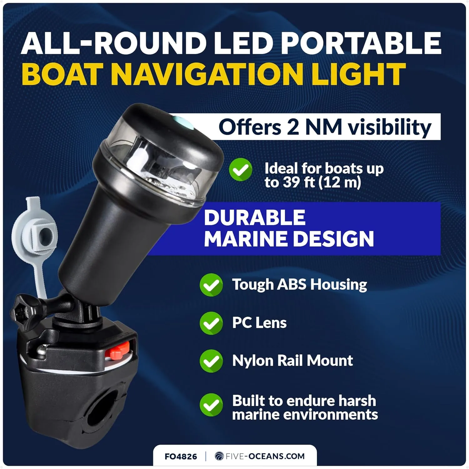 Five Oceans LED Portable All-Round Boat Navigation Light, Rail Mount Swivel Base, 2 NM Visibility, IP67 Waterproof, Battery-Operated Anchor Light for Small Boats, Kayaks, Inflatables, Canoes - FO4826