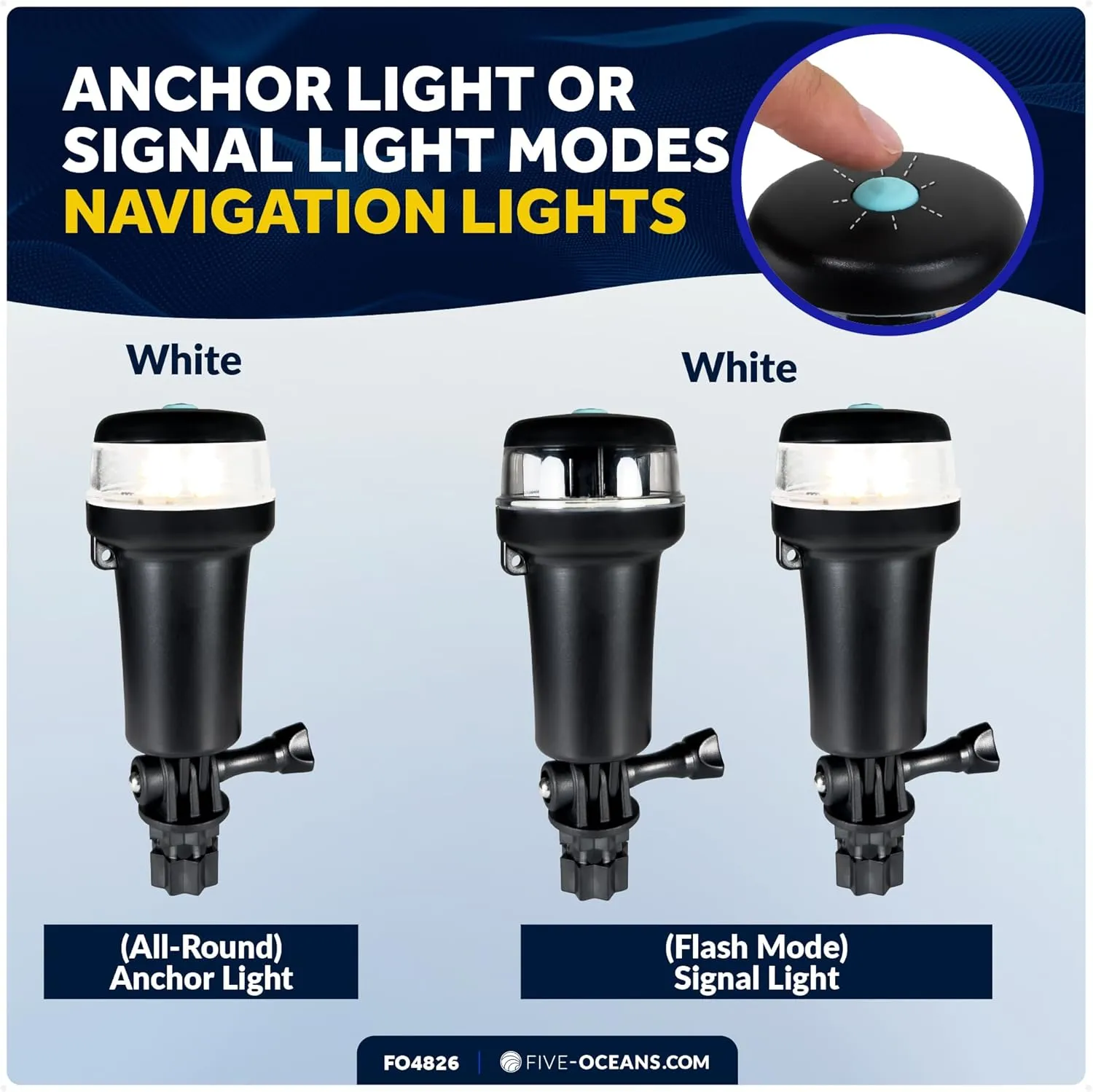 Five Oceans LED Portable All-Round Boat Navigation Light, Rail Mount Swivel Base, 2 NM Visibility, IP67 Waterproof, Battery-Operated Anchor Light for Small Boats, Kayaks, Inflatables, Canoes - FO4826
