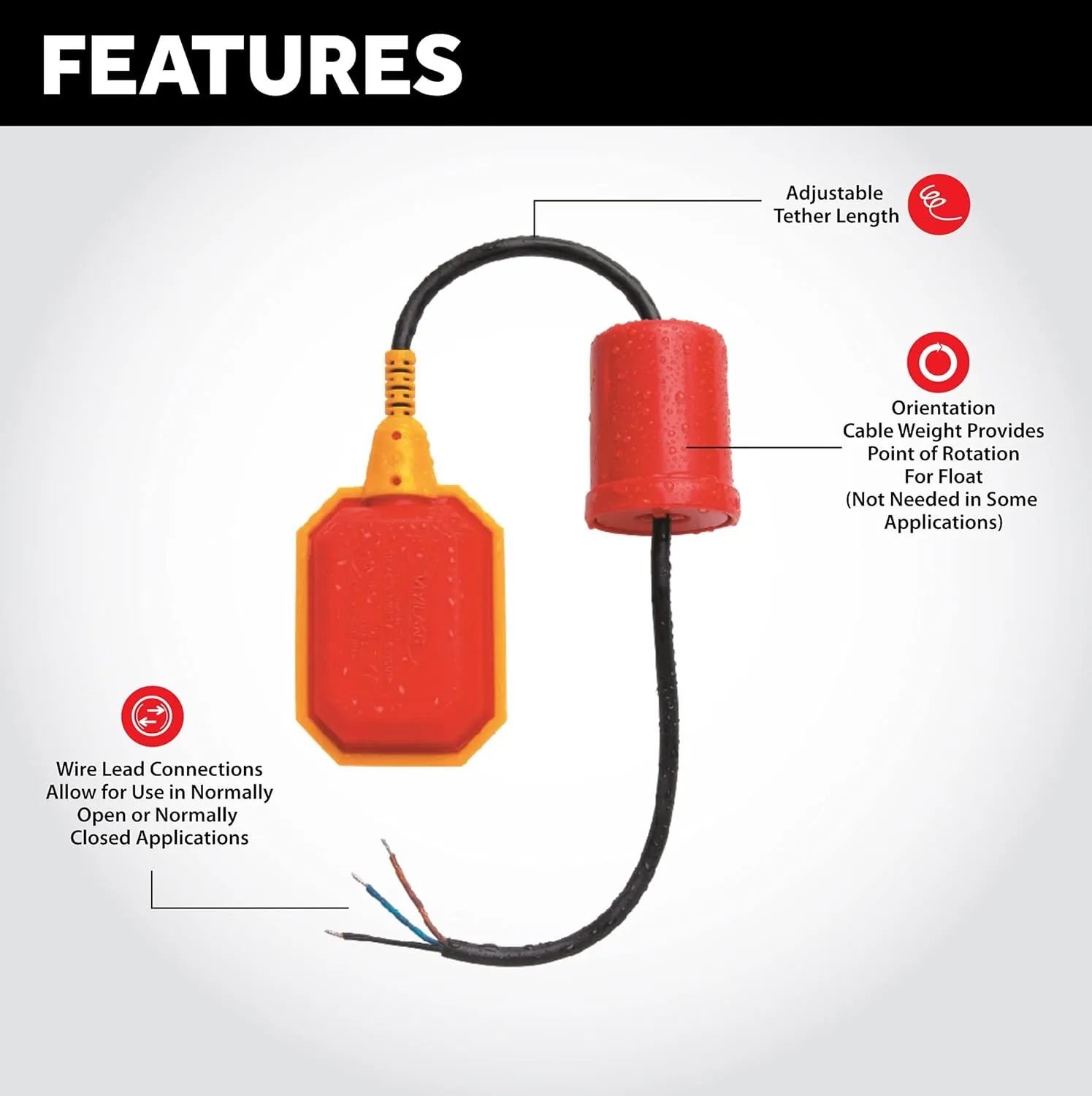 Float Switch for Sump Pump - 16-Foot Water Level Sensor with Honeywell Microswitch and Adjustable Tether Length for Ground Water Bilge Pump and Water Tank – Non-Corrosive PP Casing, Rated to 13 Amps