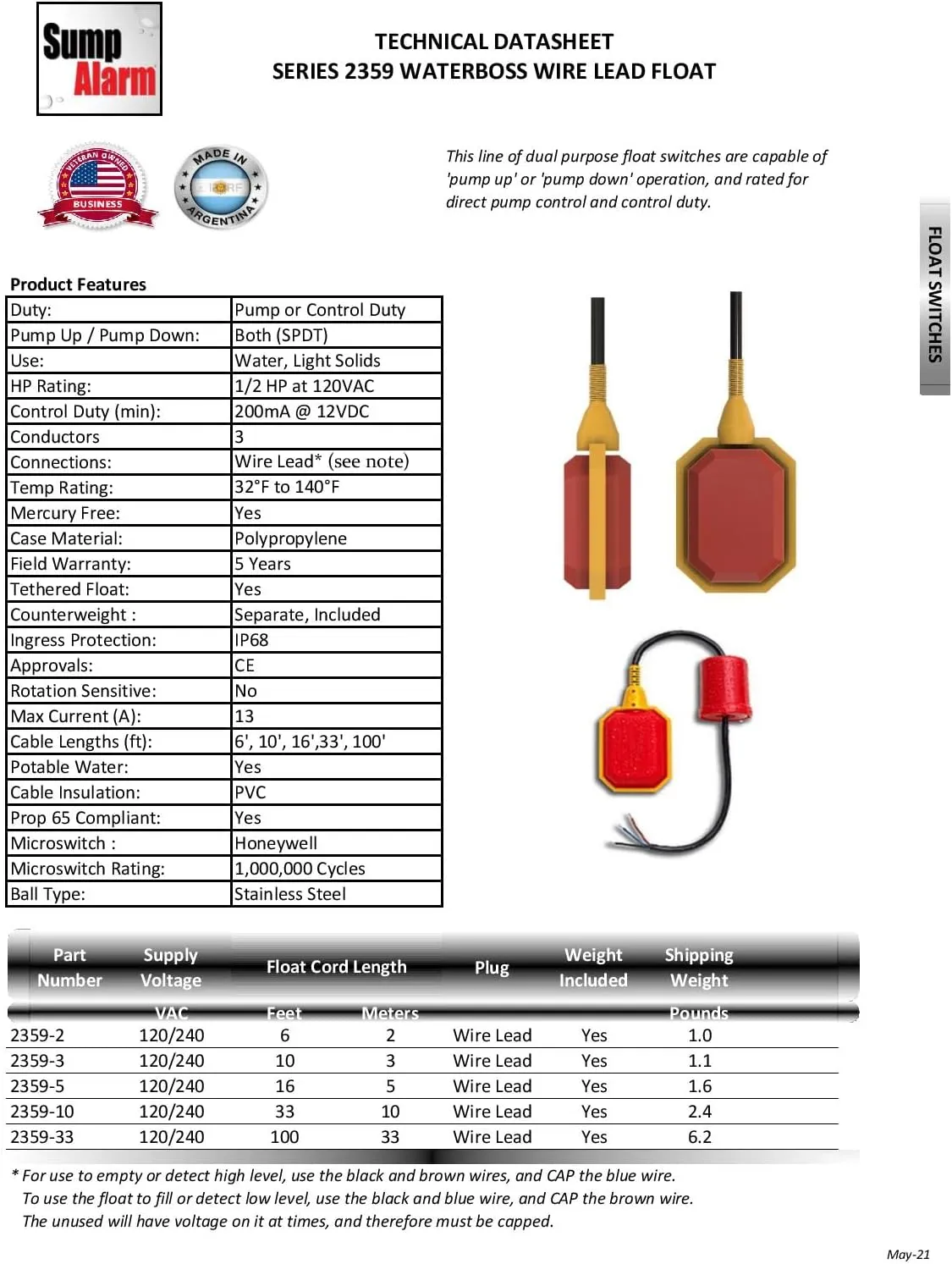 Float Switch for Sump Pump - 16-Foot Water Level Sensor with Honeywell Microswitch and Adjustable Tether Length for Ground Water Bilge Pump and Water Tank – Non-Corrosive PP Casing, Rated to 13 Amps