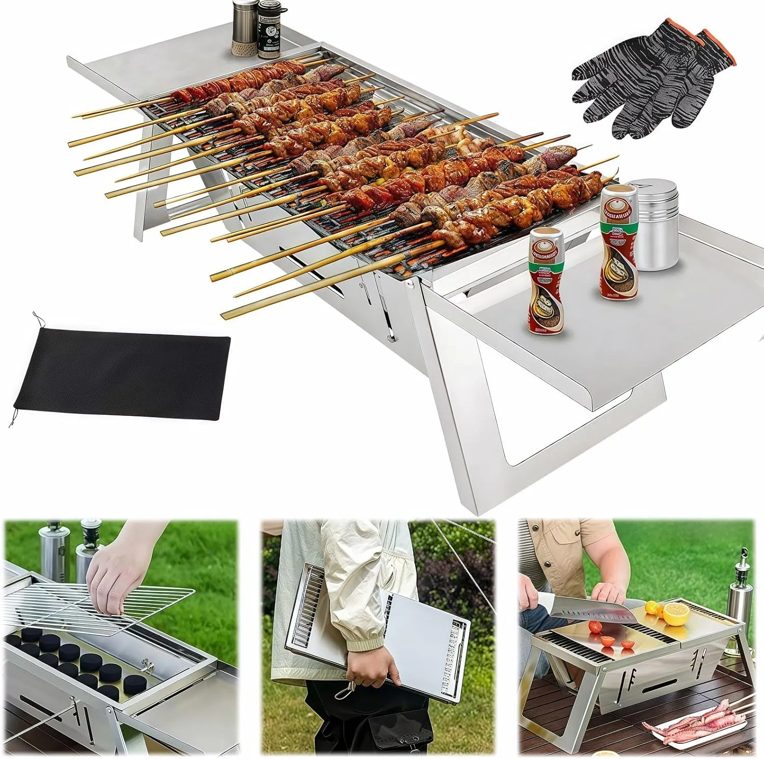 Foldable Small Charcoal Grill - Stainless Steel & High - Temp Resistant, Perfect for 2-3 Outdoor Enthusiasts! Ideal for Camping, BBQs, Picnics & Tailgating, Super Portable Yakitori Grills