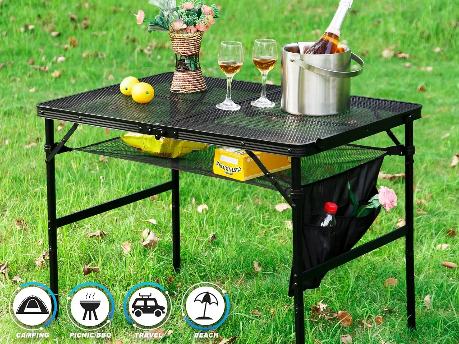 Folding Metal Camping Table with Mesh Layer, Portable & Lightweight Grill Table for Outdoor, 2 Adjustable Heights, Metal Mesh Tabletop for Camping Cooking, Medium Size (2.95 FT, Black)