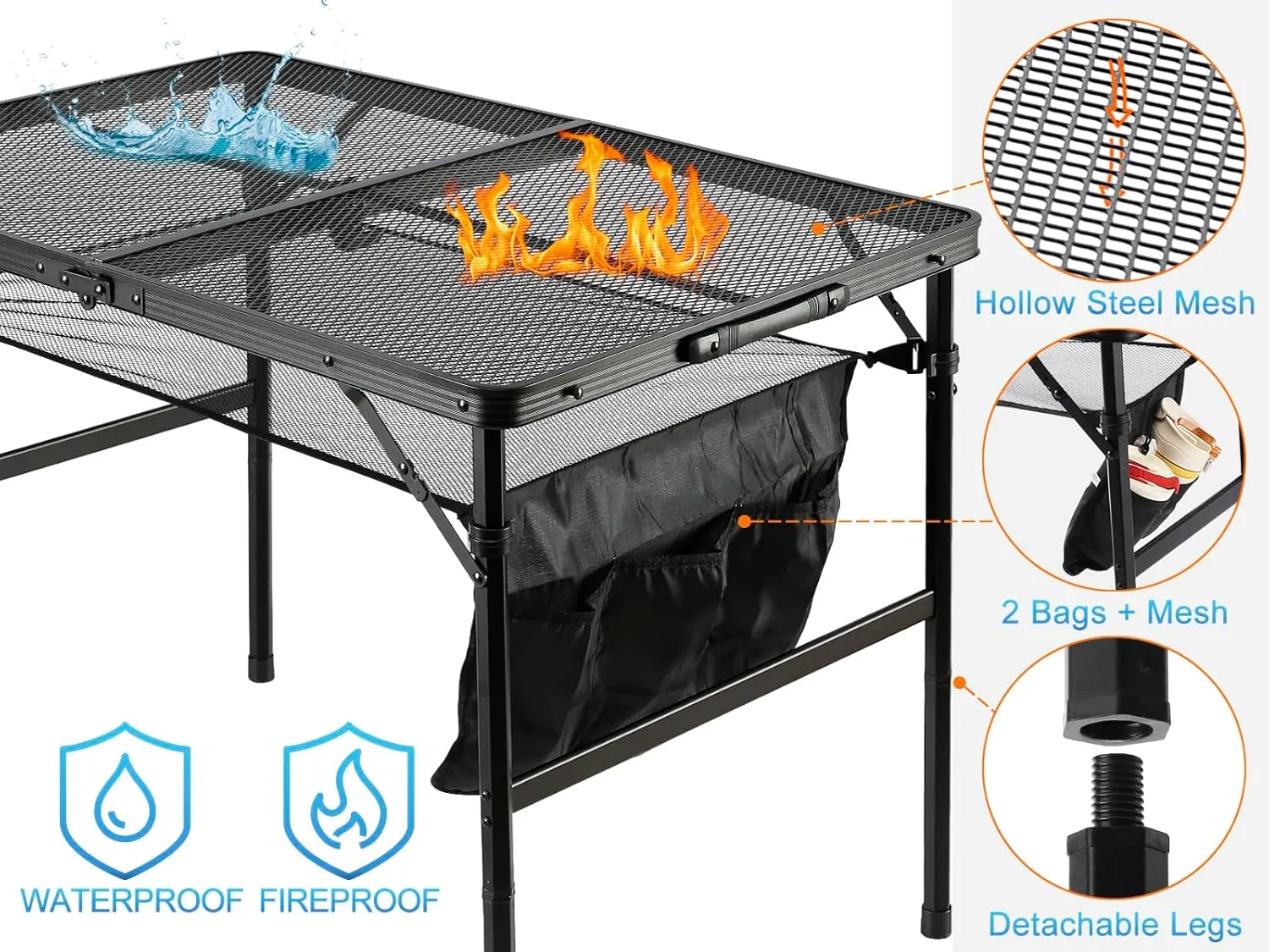Folding Metal Camping Table with Mesh Layer, Portable & Lightweight Grill Table for Outdoor, 2 Adjustable Heights, Metal Mesh Tabletop for Camping Cooking, Medium Size (2.95 FT, Black)
