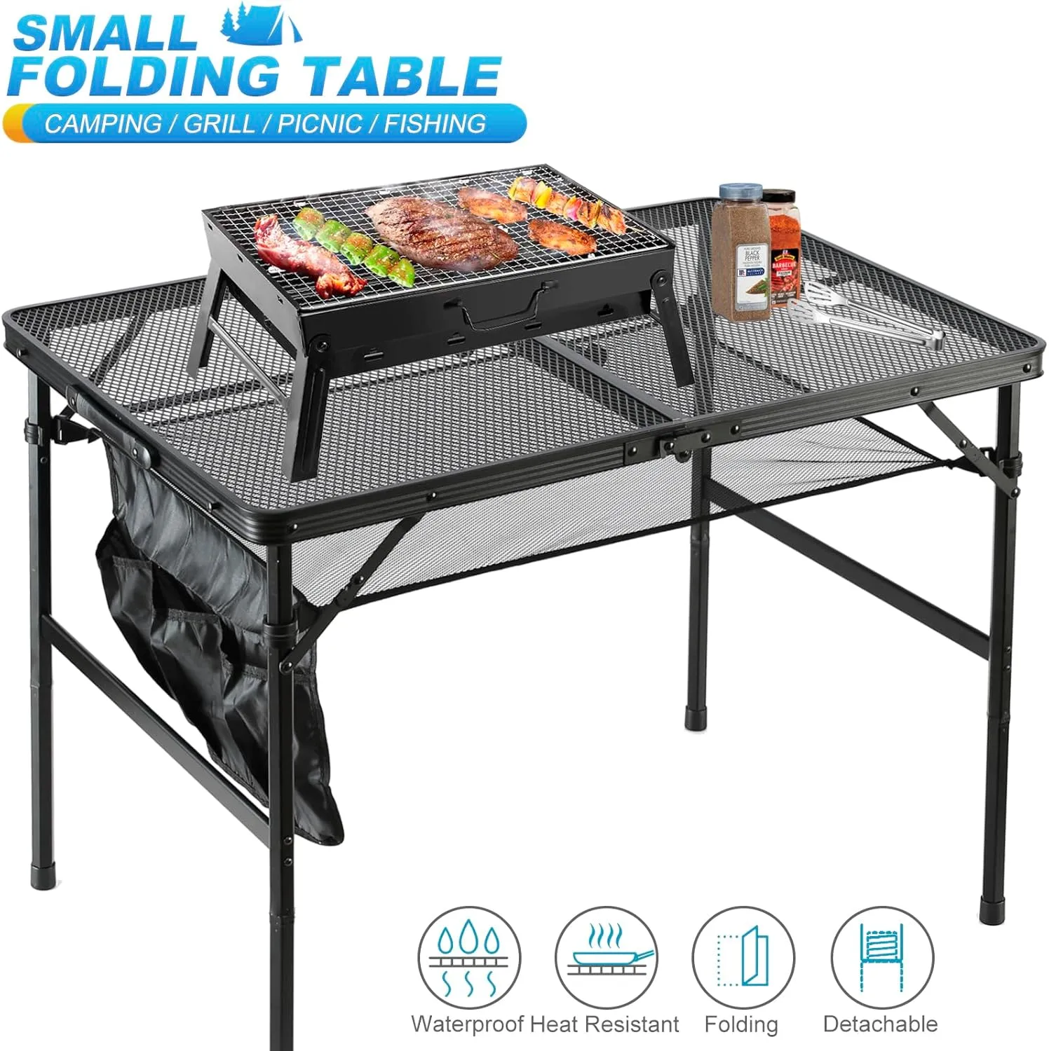 Folding Metal Camping Table with Mesh Layer, Portable & Lightweight Grill Table for Outdoor, 2 Adjustable Heights, Metal Mesh Tabletop for Camping Cooking, Medium Size (2.95 FT, Black)