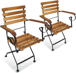 Folding Patio Chairs 2 pcs Steel and Acacia Wood Brown Outdoor Garden Lounge Chairs Patio Furniture with Armrests for Patio Lawn Deck and Camping