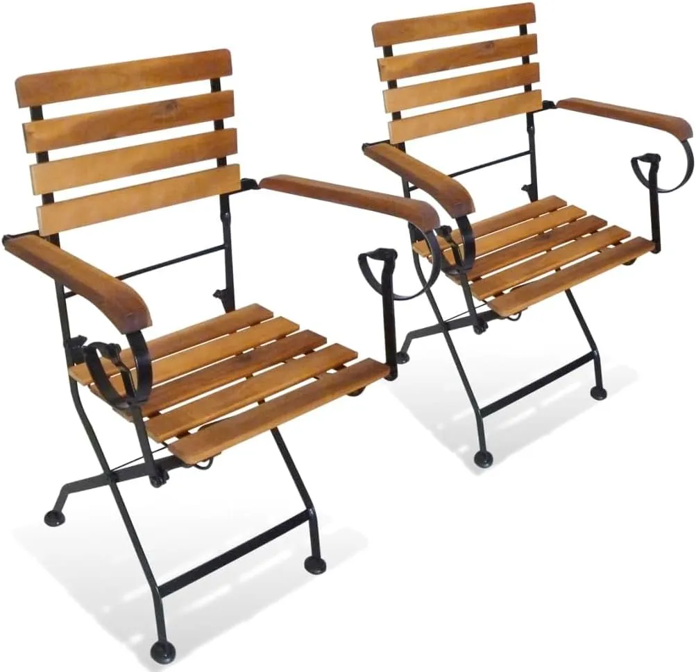 Folding Patio Chairs 2 pcs Steel and Acacia Wood Brown Outdoor Garden Lounge Chairs Patio Furniture with Armrests for Patio Lawn Deck and Camping