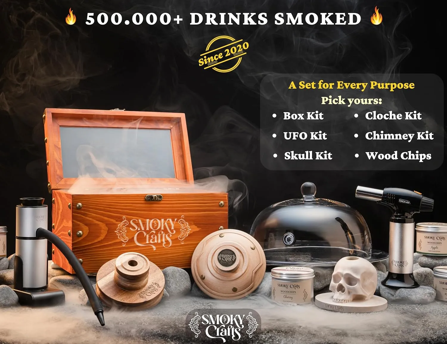 Food and Drink Smoker Kit with Smoke Gun, 8" Smoking Cloche Glass Dome, Acacia Cocktail Smoke Top and Wood Chips (Apple & Cherry) - Whiskey Smoker Kit - Gifts for Men (Torch Not Required)