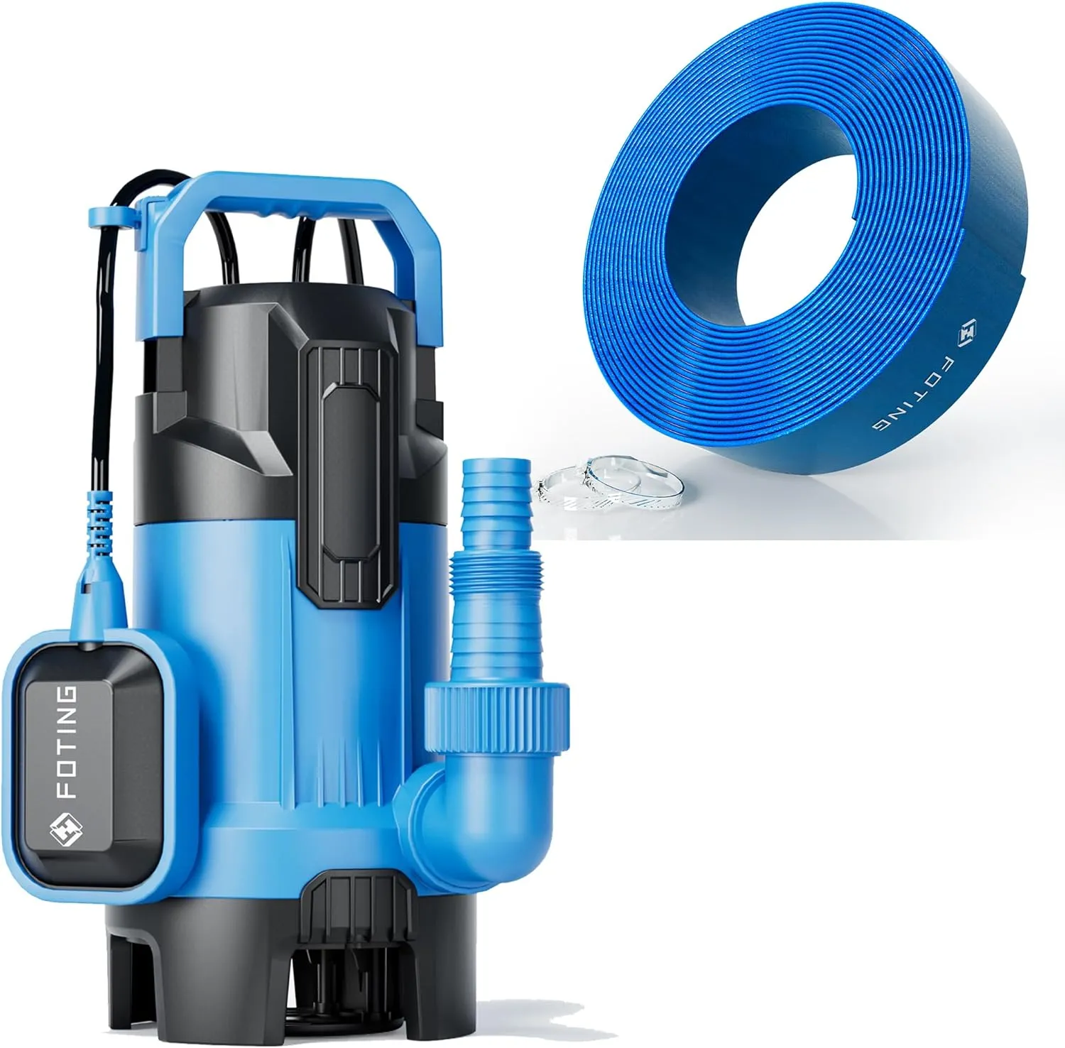 FOTING Sump Pump with 10FT Pool Backwash Hose 1-1/2 lN, 1.5Hp clean/Dirty submersible Water Pump, 6300GPH Utility Pump