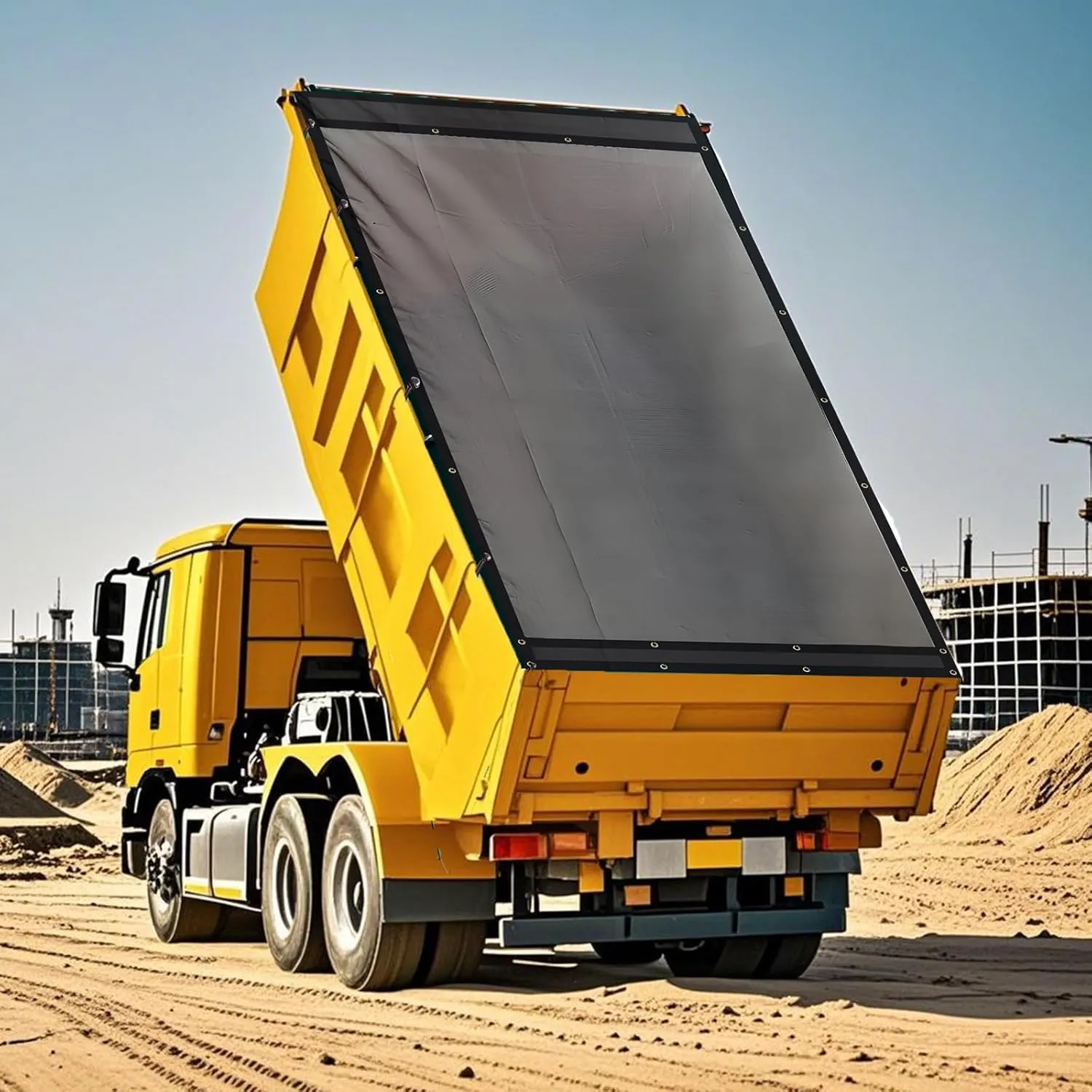 FoundGo 6.6' x 18' Dump Trailer Tarp [18oz] Heavy Duty Dump Truck Mesh Tarp with Grommets Vinyl Coated Waterproof Truck Cover with Double Pocket incl. 4X Elastic Rope