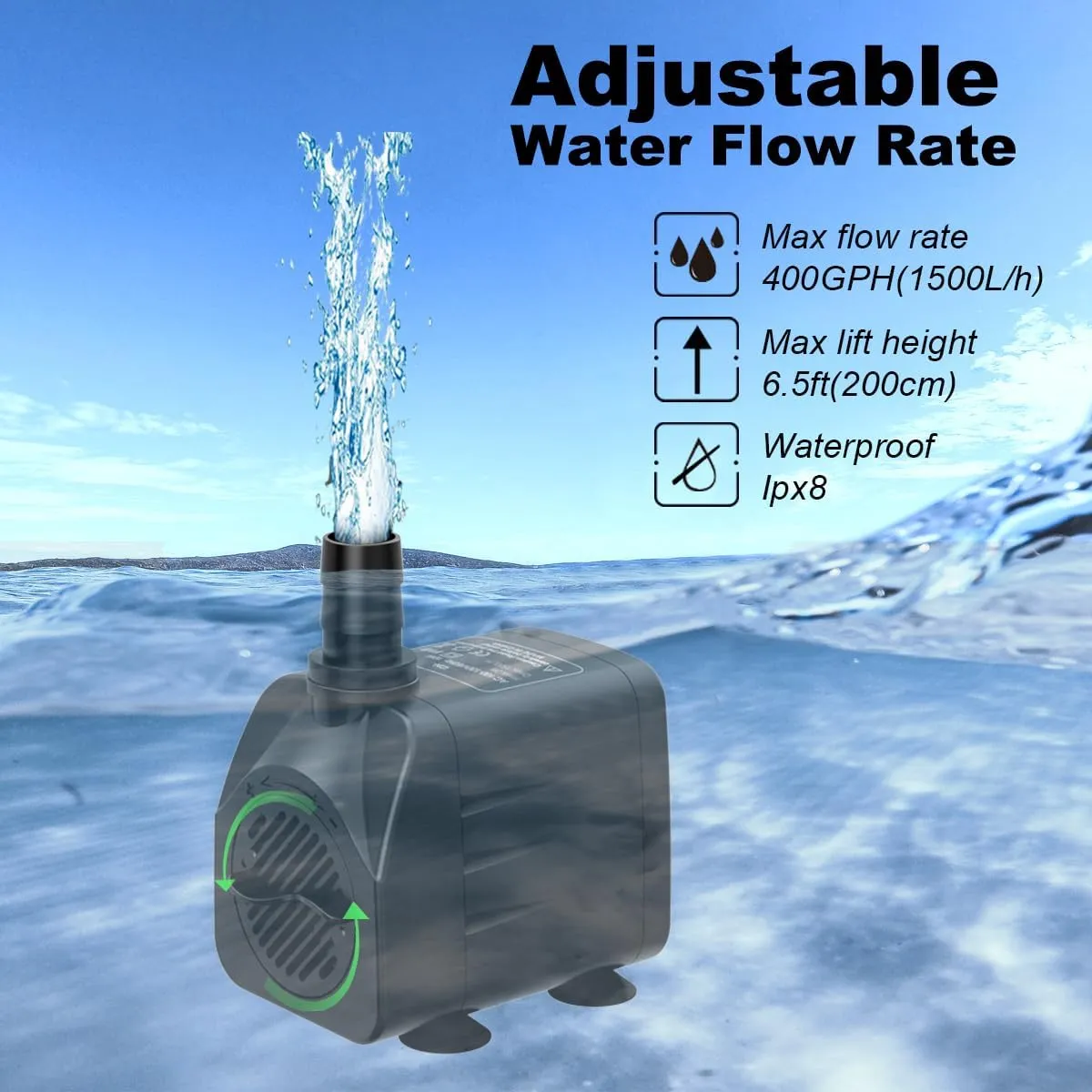 Fountain Pump 400GPH Submersible Water Pump Ultra Quiet for Fountain, Pond, Aquarium, Hydroponic with 6ft power cord