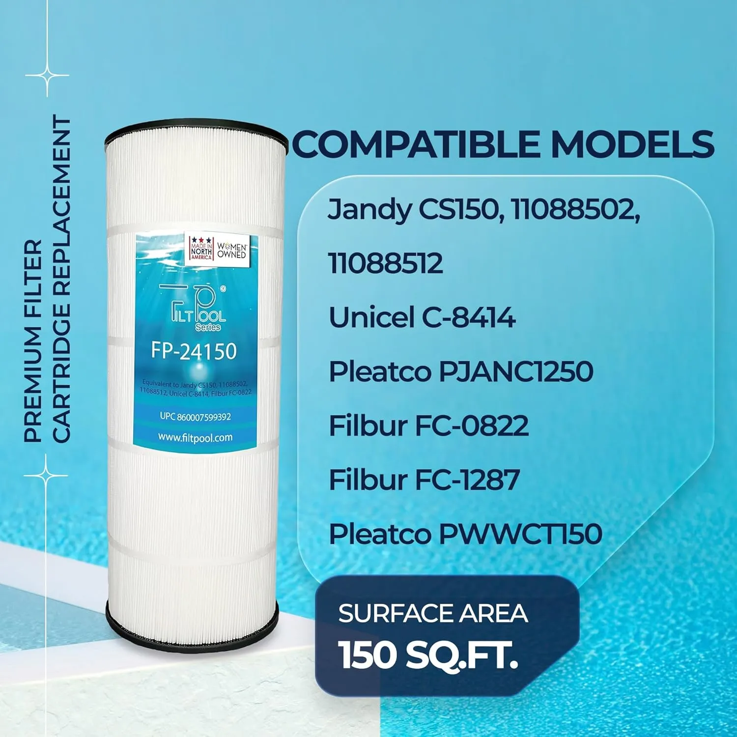 FP-24150 Replacement Pool Cartridge Filters for Jandy CS150, 11088502, 11088512, Unicel C-8414, Filbur FC-0822, FC-1287, PJANC1250, PWWCT150 – Clean Water Filtration – 1 PC, 150 SQFT