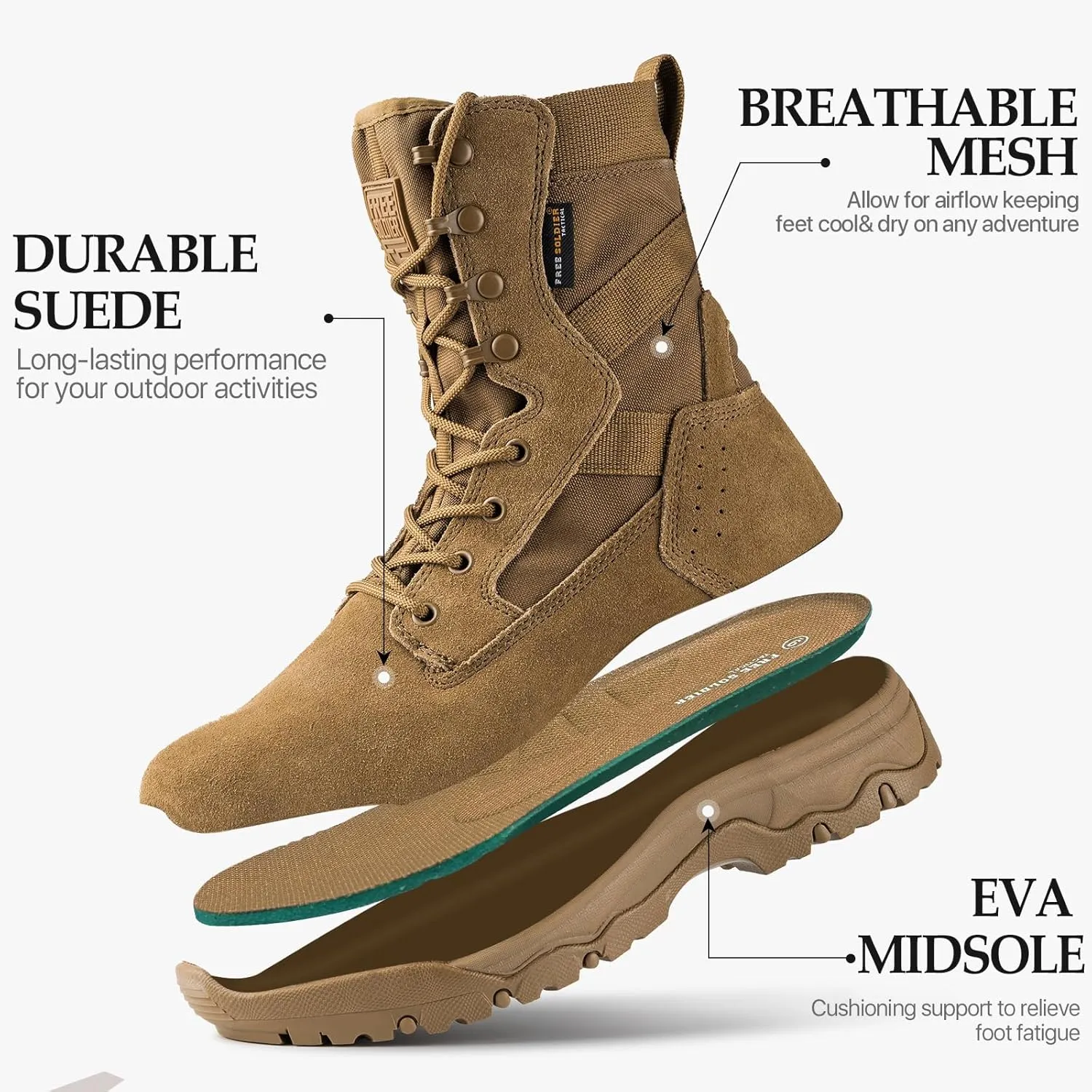 FREE SOLDIER Men's Tactical Boots 8 Inches Lightweight Combat Boots Durable Suede Leather Military Work Boot Desert Boot