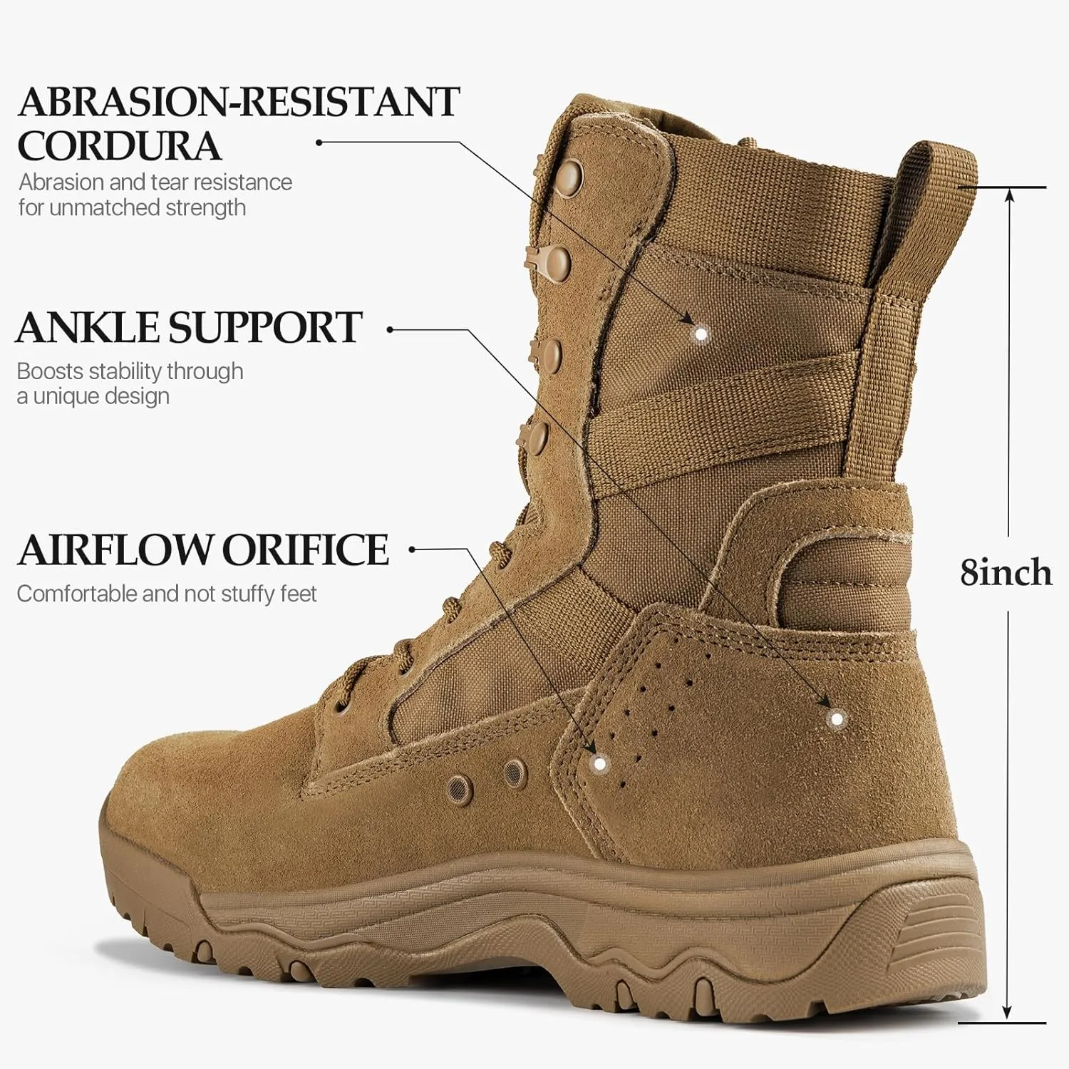 FREE SOLDIER Men's Tactical Boots 8 Inches Lightweight Combat Boots Durable Suede Leather Military Work Boot Desert Boot