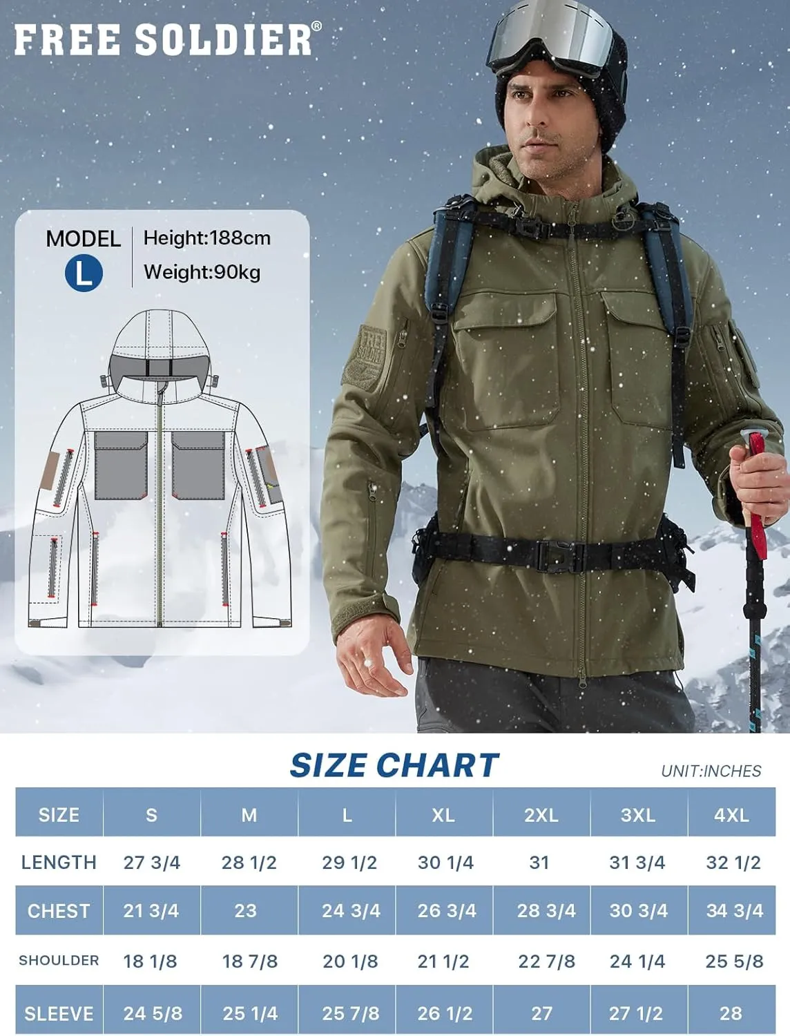 FREE SOLDIER Men's Waterproof Softshell Jacket Thick Fleece Lined Outdoor Jacket Tactical Military Hoodie Windbreaker