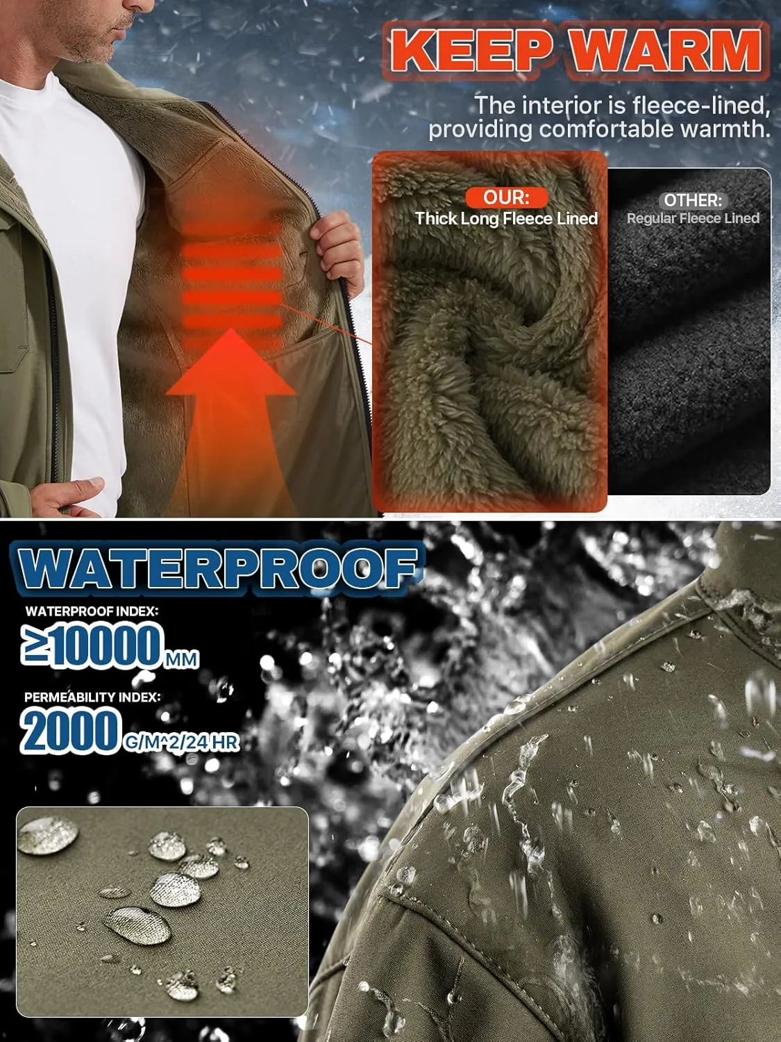 FREE SOLDIER Men's Waterproof Softshell Jacket Thick Fleece Lined Outdoor Jacket Tactical Military Hoodie Windbreaker
