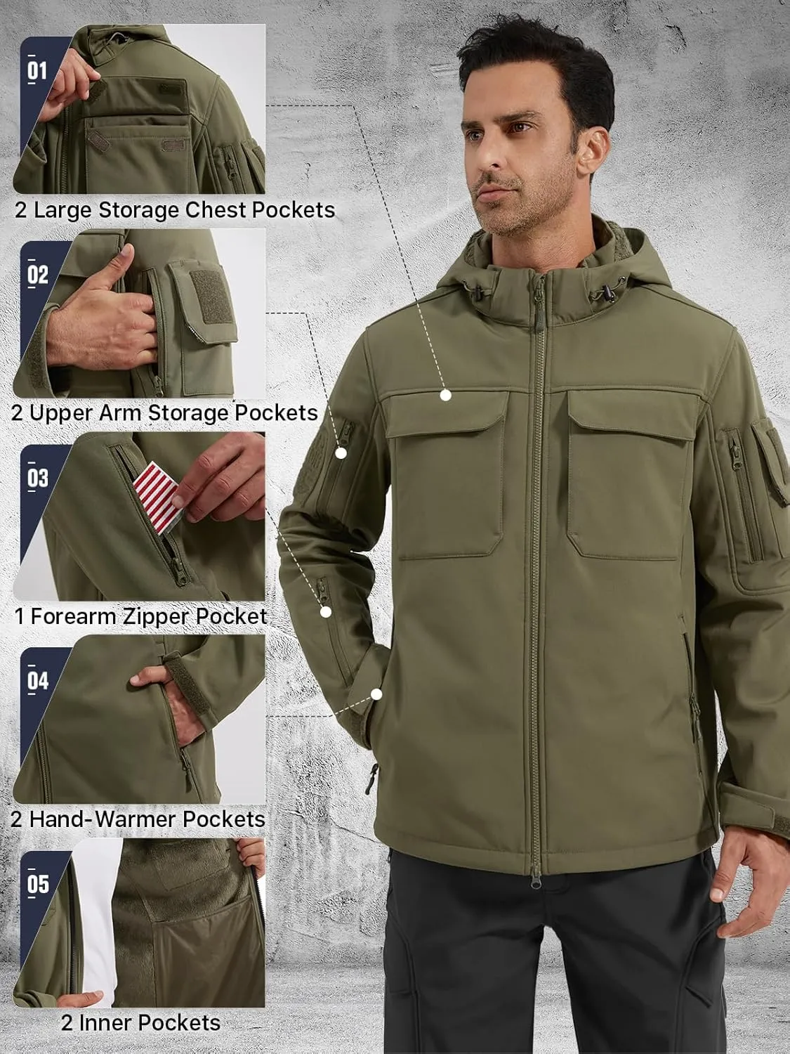 FREE SOLDIER Men's Waterproof Softshell Jacket Thick Fleece Lined Outdoor Jacket Tactical Military Hoodie Windbreaker