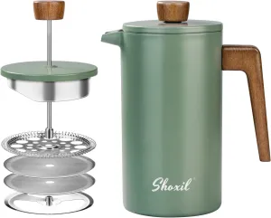 French Press Coffee Maker, 34oz Stainless Steel Green Coffee Press Real Wood Handle, Double Wall Insulated French Coffee Press with Dual-Filter Screen, Perfect for Camping & Kitchen Use