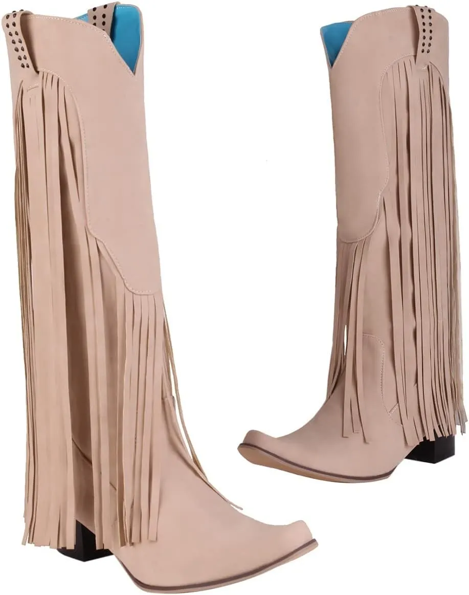 Fringe Pull-On Tabs Boots for Women Classic Western Cowgirl Boots Chunky Block Heel Almond Toe Wide Calf Tall Boots Stylish Suede Tassl Cowgirl Boots Vintage Country Boots for Ladies Travel