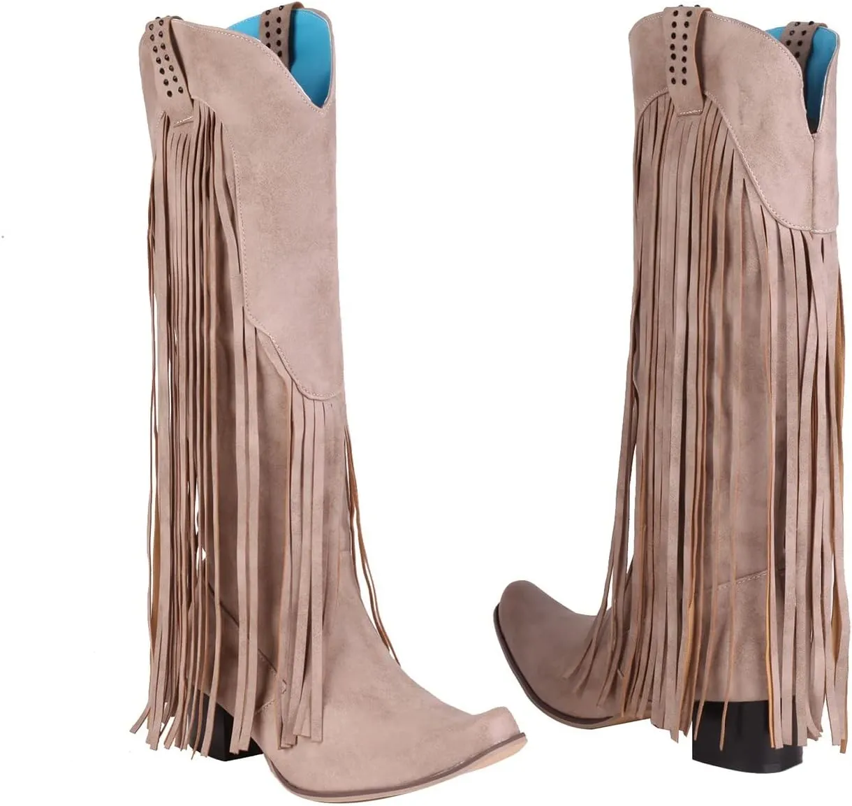 Fringe Pull-On Tabs Boots for Women Classic Western Cowgirl Boots Chunky Block Heel Almond Toe Wide Calf Tall Boots Stylish Suede Tassl Cowgirl Boots Vintage Country Boots for Ladies Travel