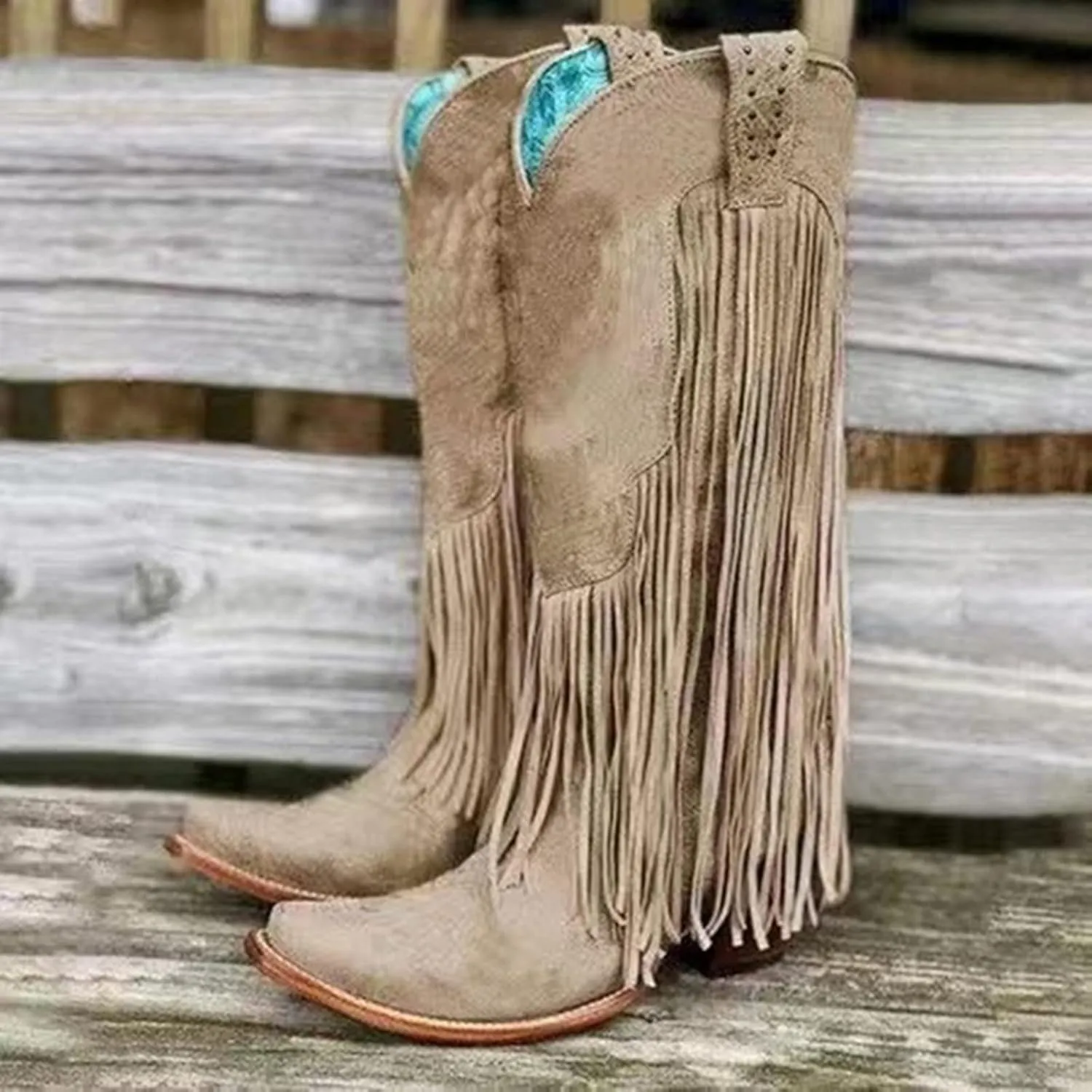 Fringe Pull-On Tabs Boots for Women Classic Western Cowgirl Boots Chunky Block Heel Almond Toe Wide Calf Tall Boots Stylish Suede Tassl Cowgirl Boots Vintage Country Boots for Ladies Travel