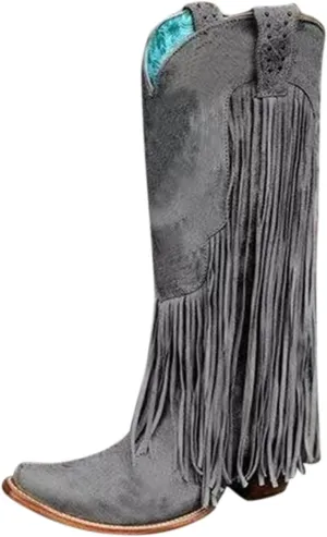Fringe Pull-On Tabs Boots for Women Classic Western Cowgirl Boots Chunky Block Heel Almond Toe Wide Calf Tall Boots Stylish Suede Tassl Cowgirl Boots Vintage Country Boots for Ladies Travel