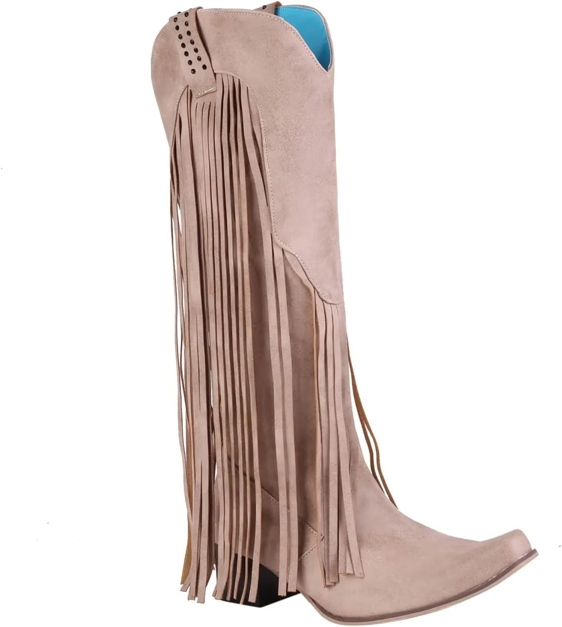 Fringe Pull-On Tabs Boots for Women Classic Western Cowgirl Boots Chunky Block Heel Almond Toe Wide Calf Tall Boots Stylish Suede Tassl Cowgirl Boots Vintage Country Boots for Ladies Travel