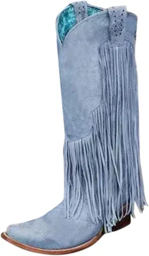 Fringe Pull-On Tabs Boots for Women Classic Western Cowgirl Boots Chunky Block Heel Almond Toe Wide Calf Tall Boots Stylish Suede Tassl Cowgirl Boots Vintage Country Boots for Ladies Travel