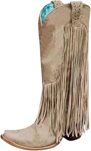 Fringe Pull-On Tabs Boots for Women Classic Western Cowgirl Boots Chunky Block Heel Almond Toe Wide Calf Tall Boots Stylish Suede Tassl Cowgirl Boots Vintage Country Boots for Ladies Travel