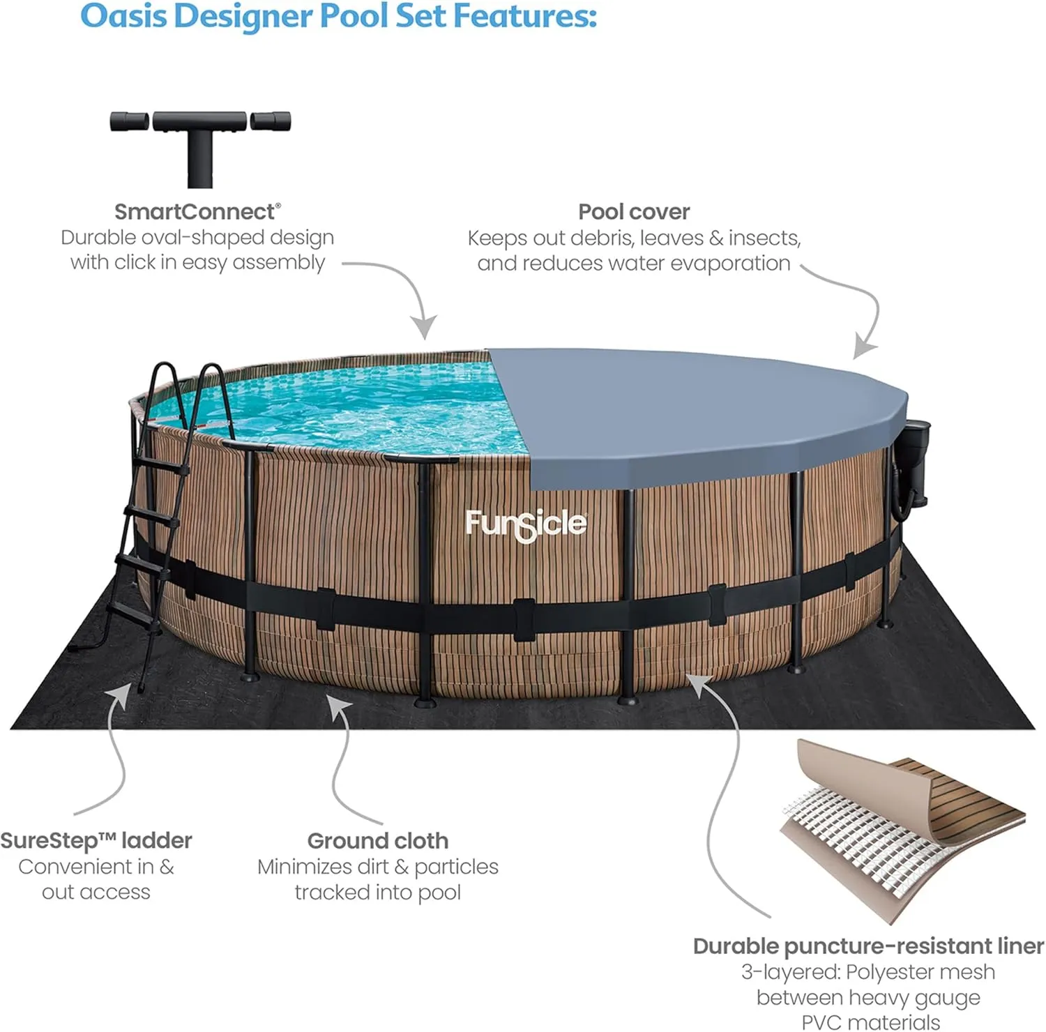 Funsicle 16 Foot x 48 Inch Oasis Designer Outdoor Round Above Ground Swimming Pool with SkimmerPlus Filter Pump, Ladder, and Pool Cover, Natural Teak