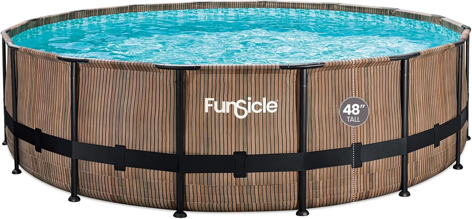 Funsicle 16 Foot x 48 Inch Oasis Designer Outdoor Round Above Ground Swimming Pool with SkimmerPlus Filter Pump, Ladder, and Pool Cover, Natural Teak