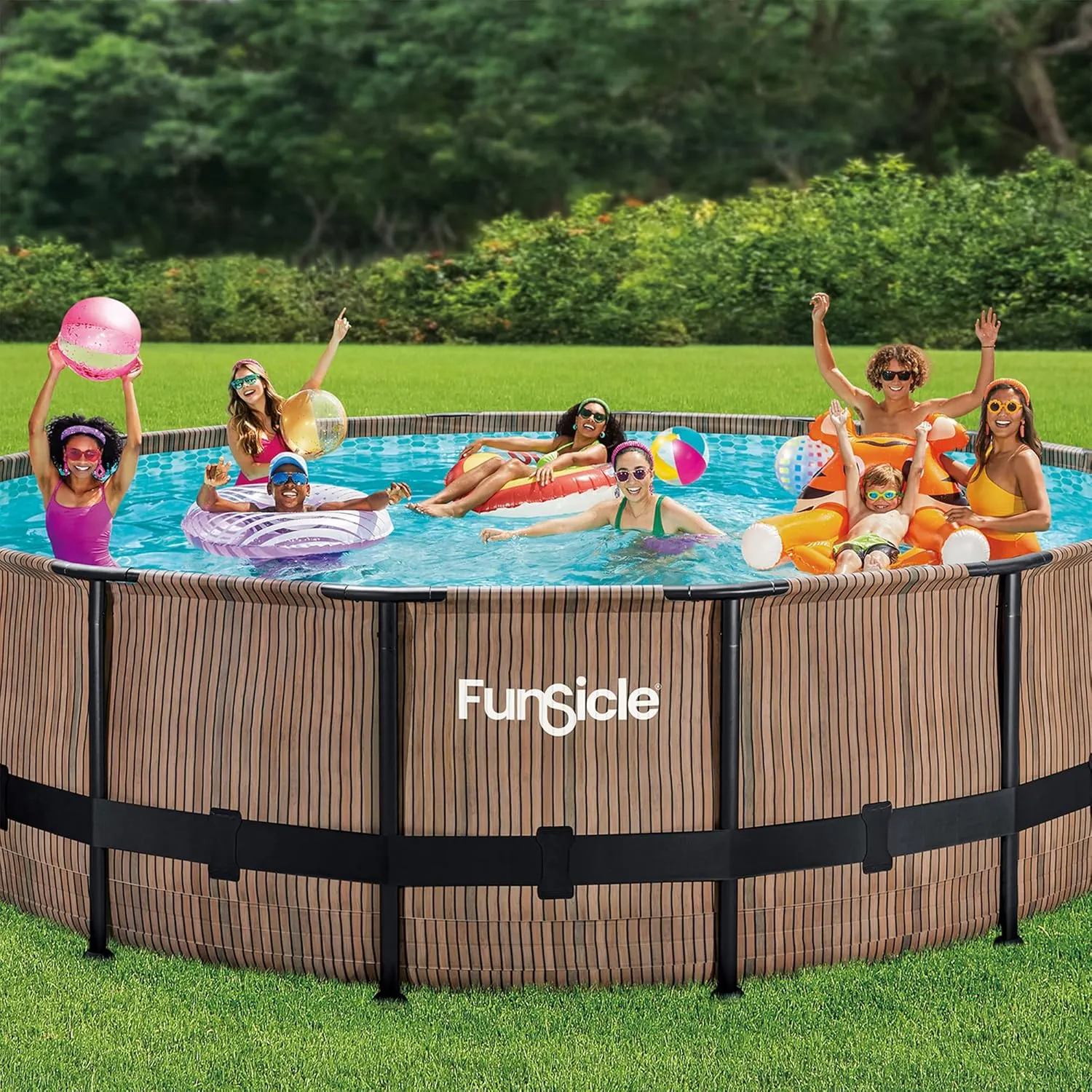 Funsicle 16 Foot x 48 Inch Oasis Designer Outdoor Round Above Ground Swimming Pool with SkimmerPlus Filter Pump, Ladder, and Pool Cover, Natural Teak