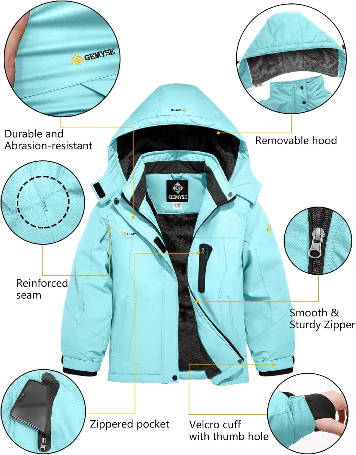 GEMYSE Girl's Waterproof Ski Snow Jacket Hooded Fleece Lined Windproof Winter Jacket