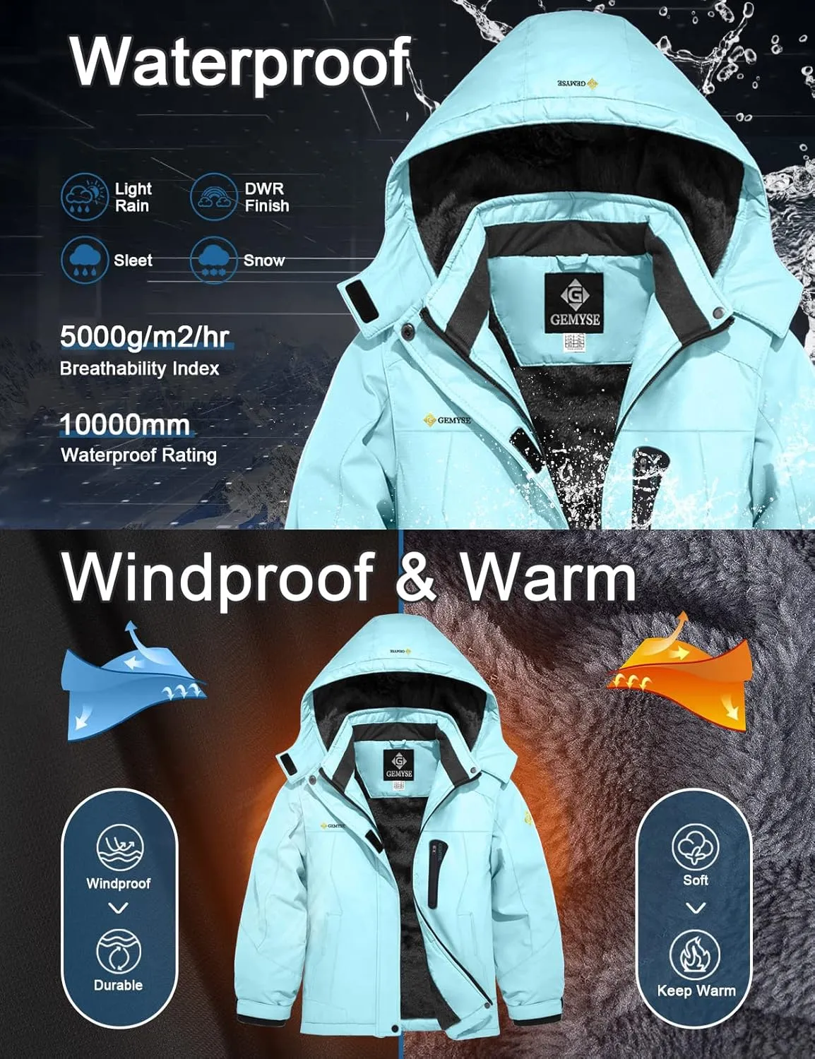GEMYSE Girl's Waterproof Ski Snow Jacket Hooded Fleece Lined Windproof Winter Jacket