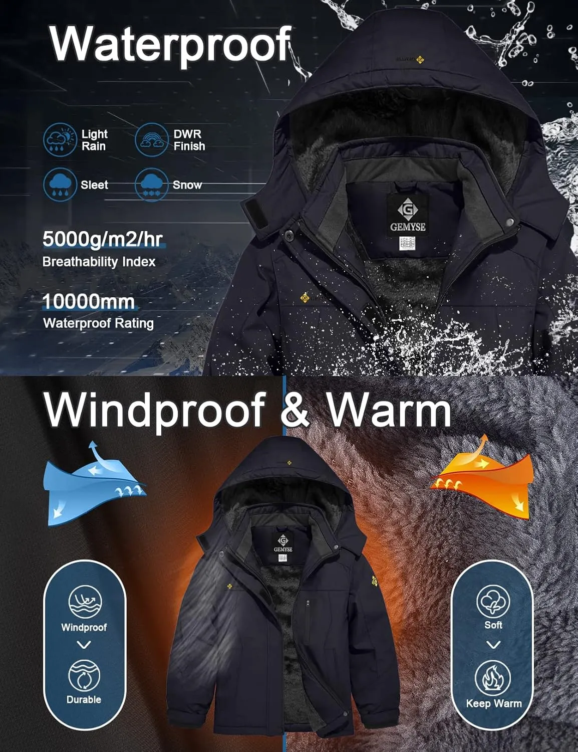 GEMYSE Girl's Waterproof Ski Snow Jacket Hooded Fleece Lined Windproof Winter Jacket