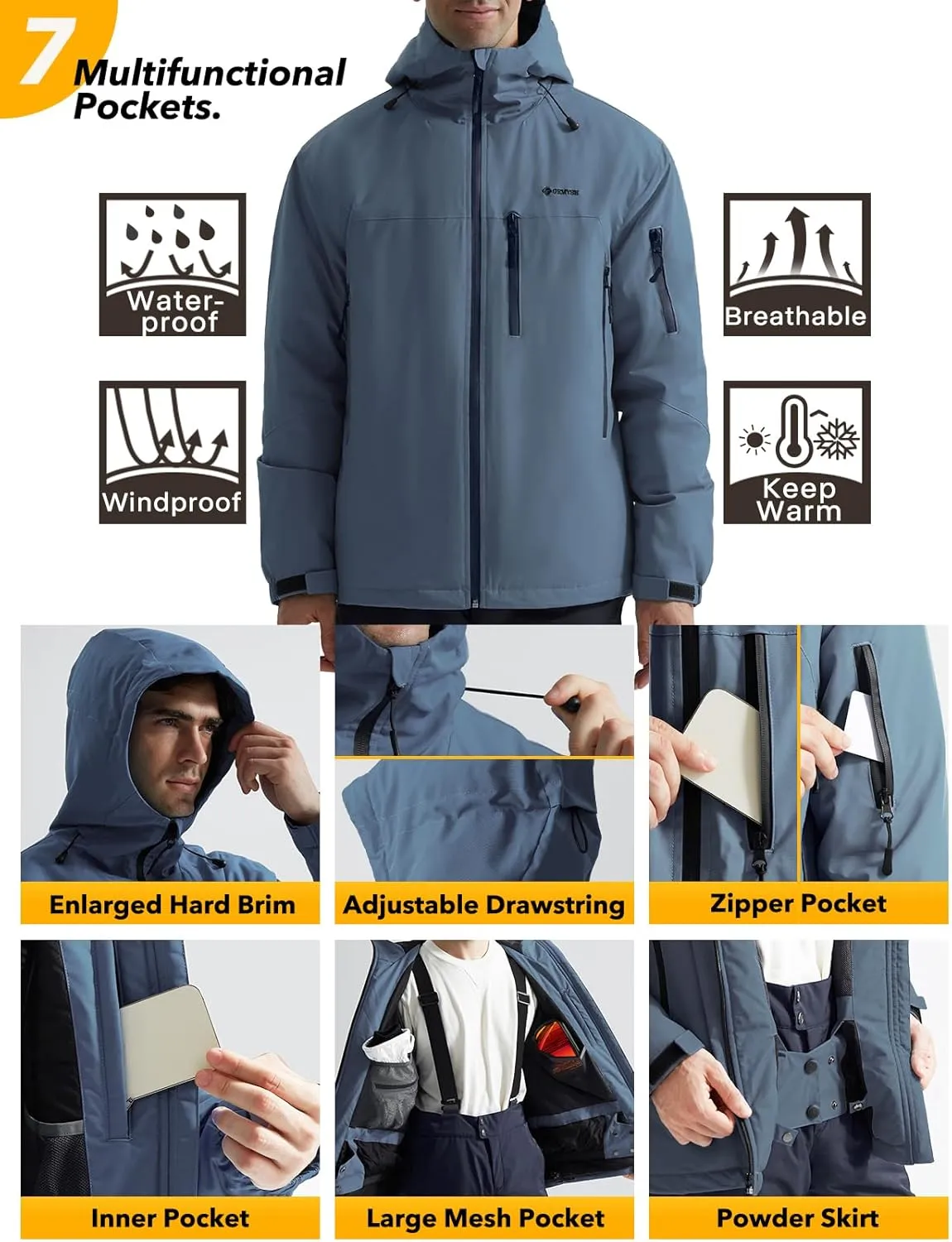 GEMYSE Men's Ski Jacket Warm Winter Snow Coat Waterproof Mountain Windbreaker Jacket for Snowboarding Hiking