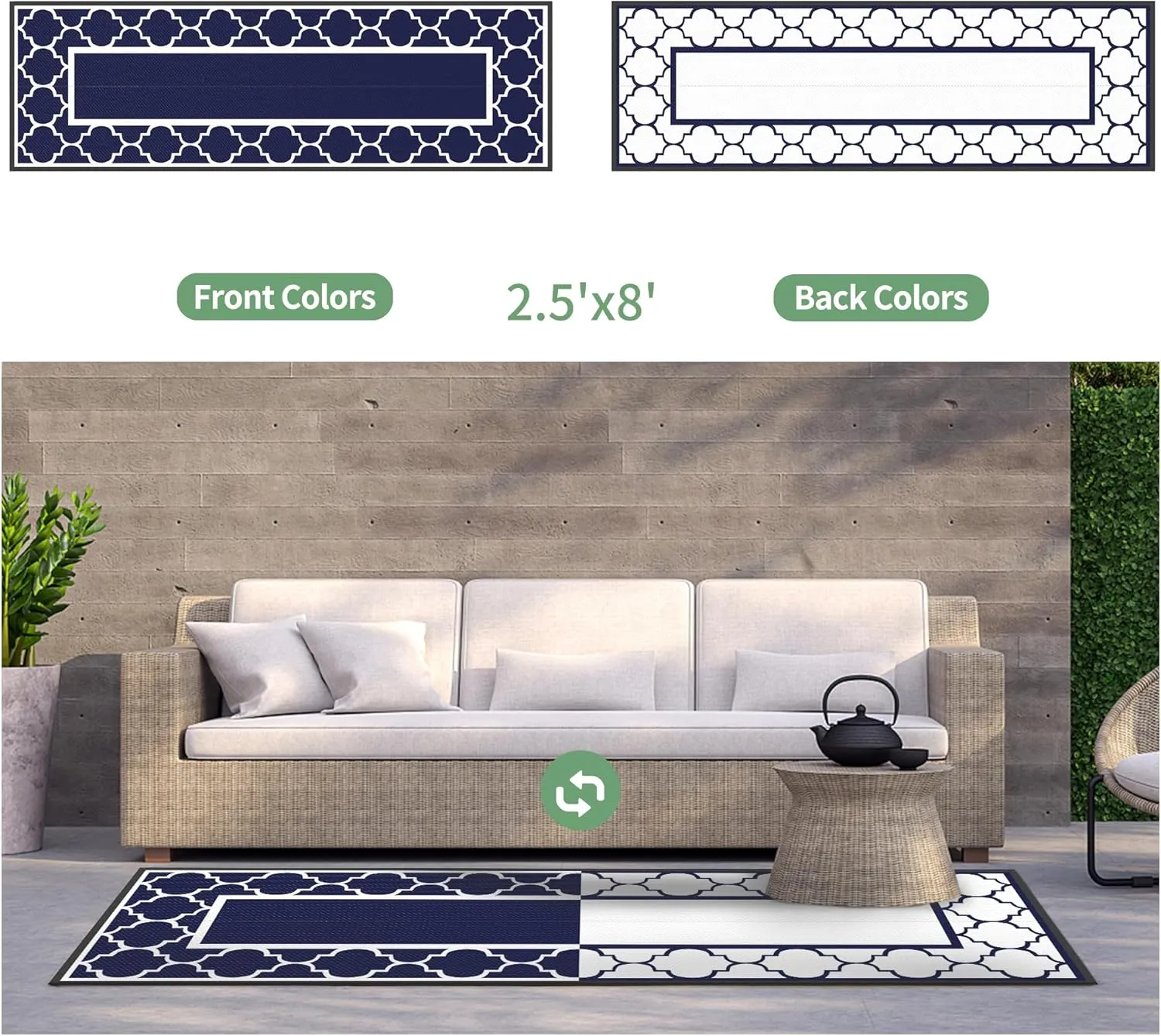 GENIMO 2.5' x 8' Outdoor Rug Waterproof for Patio Decor, Foldable Reversible Plastic Straw Area Rugs Mat for Runner Porch, Outside Carpet for Rv, Deck, Picnic, Beach, Balcony, Camper, Blue & White