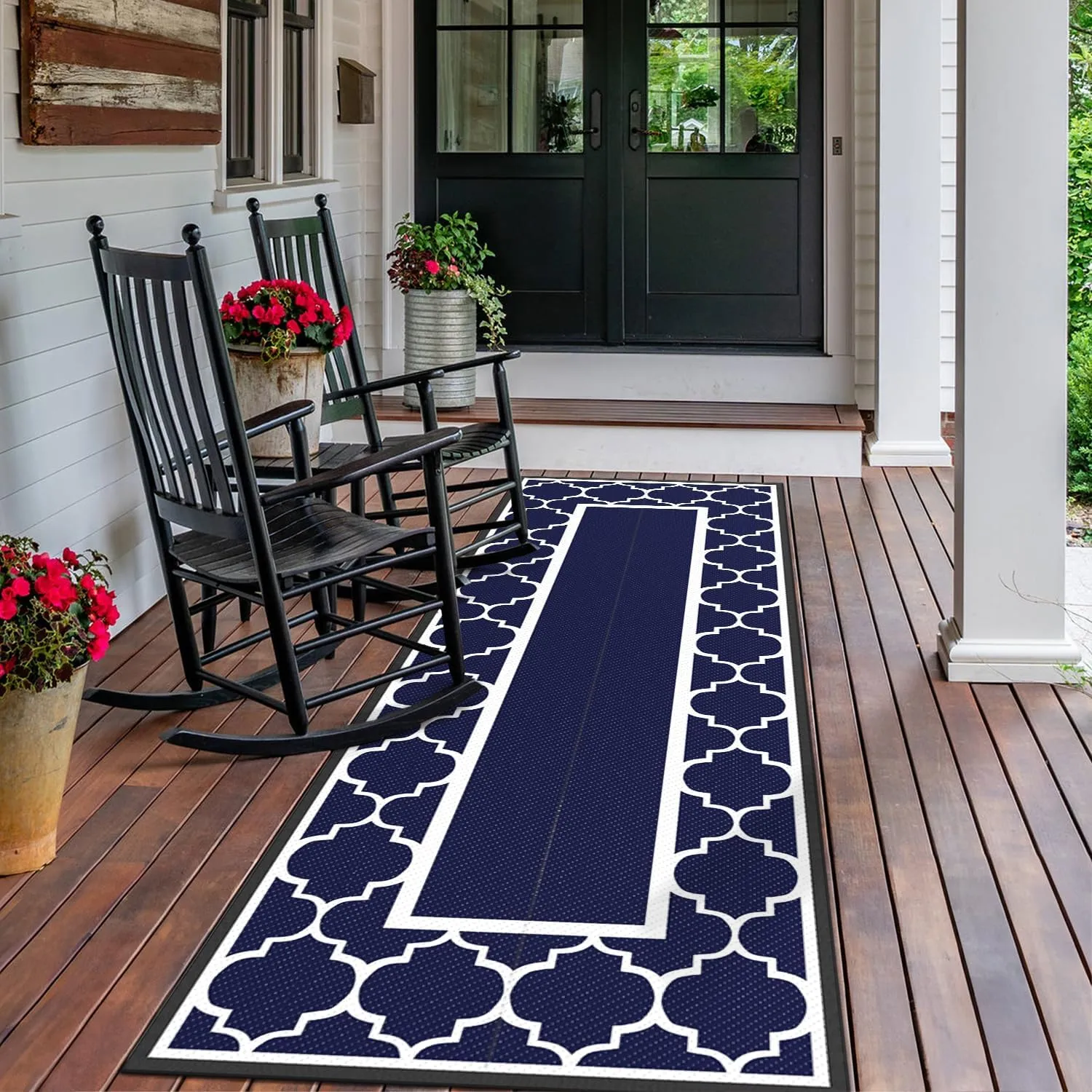 GENIMO 2.5' x 8' Outdoor Rug Waterproof for Patio Decor, Foldable Reversible Plastic Straw Area Rugs Mat for Runner Porch, Outside Carpet for Rv, Deck, Picnic, Beach, Balcony, Camper, Blue & White