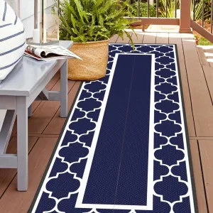 GENIMO 2.5' x 8' Outdoor Rug Waterproof for Patio Decor, Foldable Reversible Plastic Straw Area Rugs Mat for Runner Porch, Outside Carpet for Rv, Deck, Picnic, Beach, Balcony, Camper, Blue & White