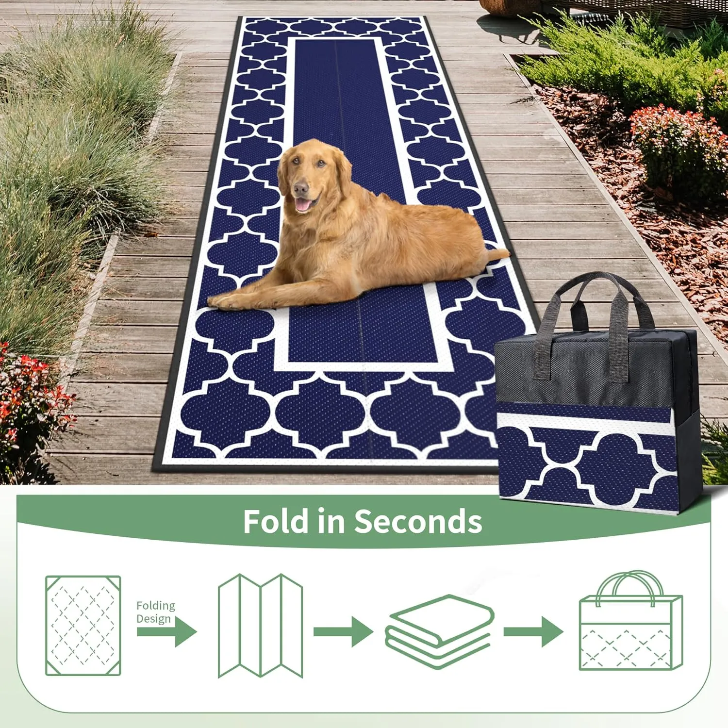 GENIMO 2.5' x 8' Outdoor Rug Waterproof for Patio Decor, Foldable Reversible Plastic Straw Area Rugs Mat for Runner Porch, Outside Carpet for Rv, Deck, Picnic, Beach, Balcony, Camper, Blue & White