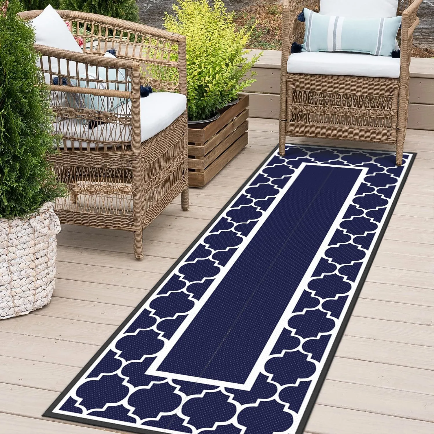 GENIMO 2.5' x 8' Outdoor Rug Waterproof for Patio Decor, Foldable Reversible Plastic Straw Area Rugs Mat for Runner Porch, Outside Carpet for Rv, Deck, Picnic, Beach, Balcony, Camper, Blue & White