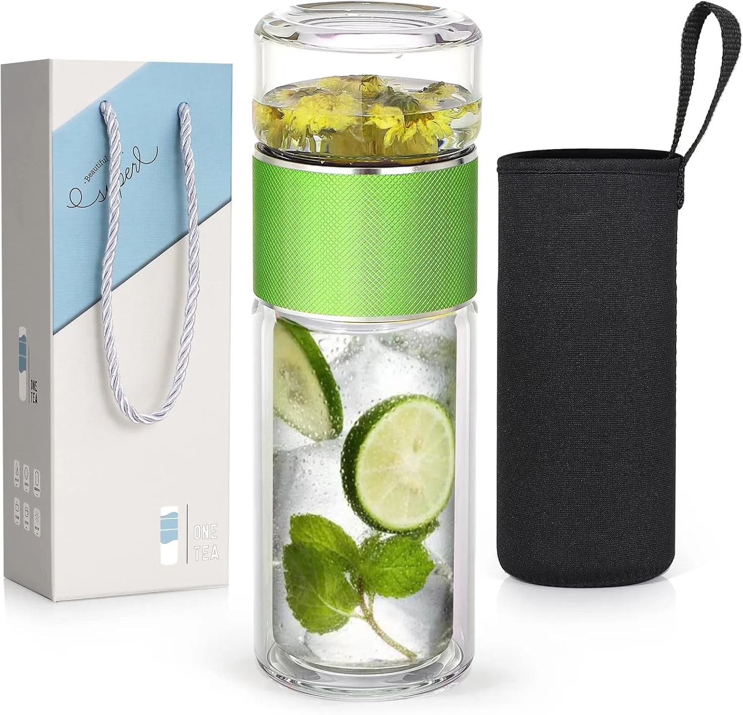 Glass Tea Infuser Bottle - 9oz Double Wall Travel Mug, Portable Infuser for Loose Leaf Tea (Green)