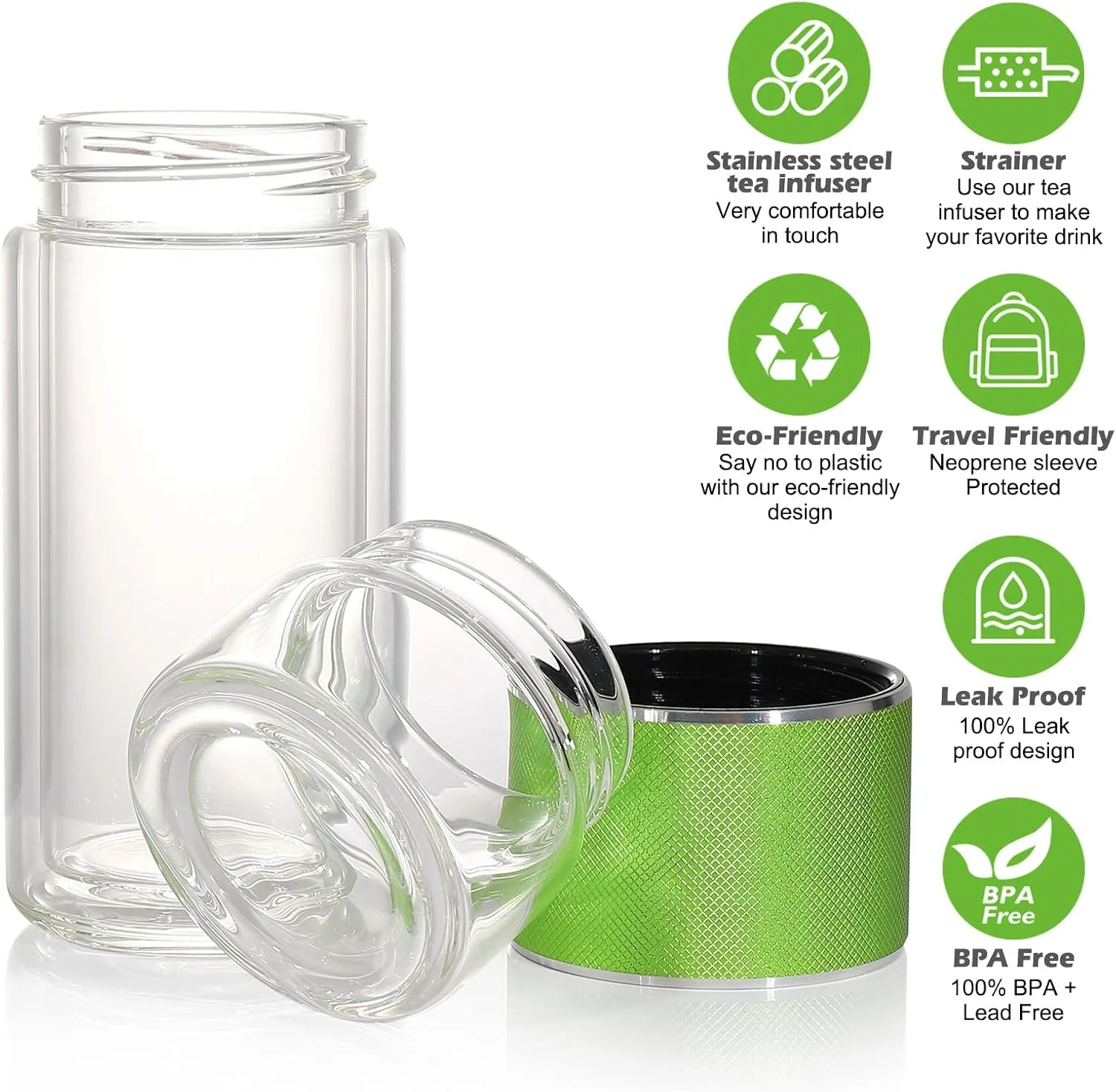 Glass Tea Infuser Bottle - 9oz Double Wall Travel Mug, Portable Infuser for Loose Leaf Tea (Green)