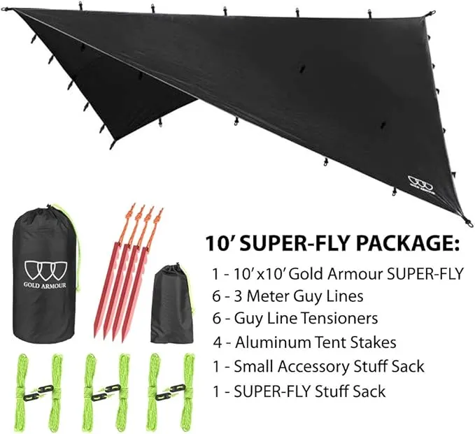 Gold Armour Rainfly Tarp Hammock, Premium 14.7ft/12ft/10ft/8ft Rain Fly Cover, Waterproof Ultralight Camping Shelter Canopy, Survival Equipment Gear Camping Tent Accessories (Black 10ft x 10ft)