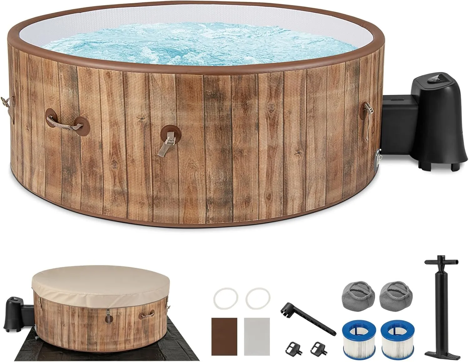 Goplus Inflatable Hot Tub, 4-6 Person 72” Round Pool Hottub w/120 Air Jets, Heater Pump, Control Panel, Filter Cartridges, Insulated Cover, Ground Cloth, Portable Outdoor Water SPA