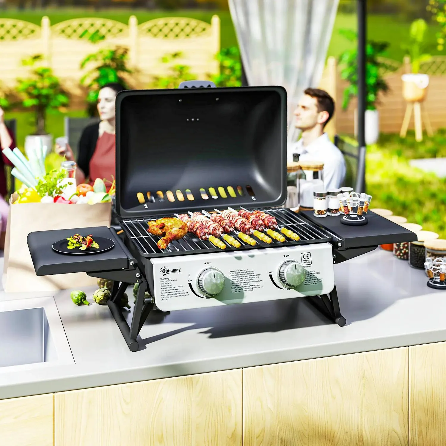 Grease Burner Tables, Tray For Grill Party Built-in Cooking Garden Portable Foldable Black Barbecue BBQ 5.6KW, 2 Premium finish Thermometer, With Lid, Picnic Gas Client satisfaction Camping Outdoor Outsunny Tabletop Side