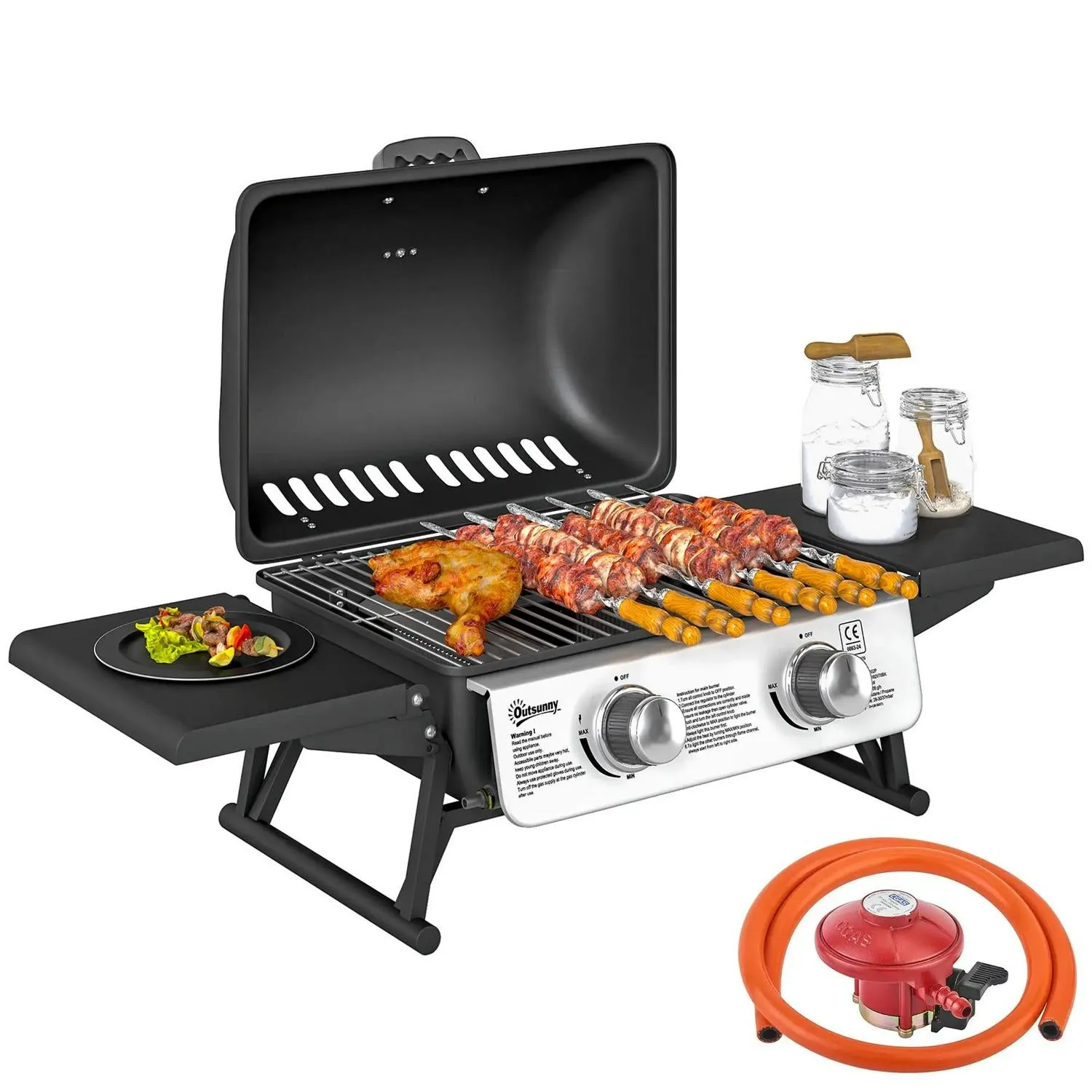 Grease Burner Tables, Tray For Grill Party Built-in Cooking Garden Portable Foldable Black Barbecue BBQ 5.6KW, 2 Premium finish Thermometer, With Lid, Picnic Gas Client satisfaction Camping Outdoor Outsunny Tabletop Side