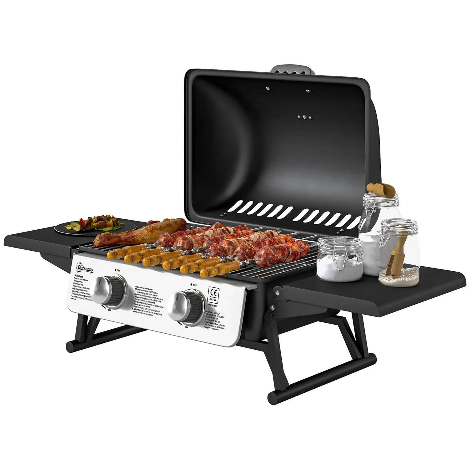 Grease Burner Tables, Tray For Grill Party Built-in Cooking Garden Portable Foldable Black Barbecue BBQ 5.6KW, 2 Premium finish Thermometer, With Lid, Picnic Gas Client satisfaction Camping Outdoor Outsunny Tabletop Side