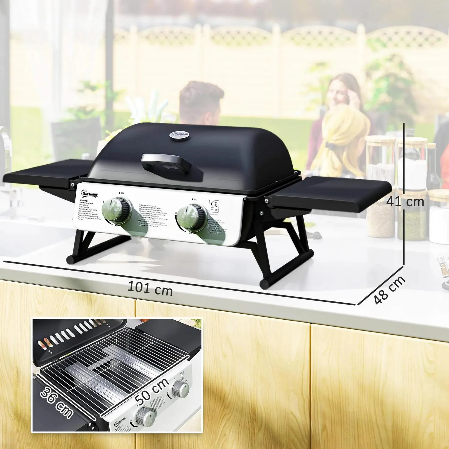 Grease Burner Tables, Tray For Grill Party Built-in Cooking Garden Portable Foldable Black Barbecue BBQ 5.6KW, 2 Premium finish Thermometer, With Lid, Picnic Gas Client satisfaction Camping Outdoor Outsunny Tabletop Side