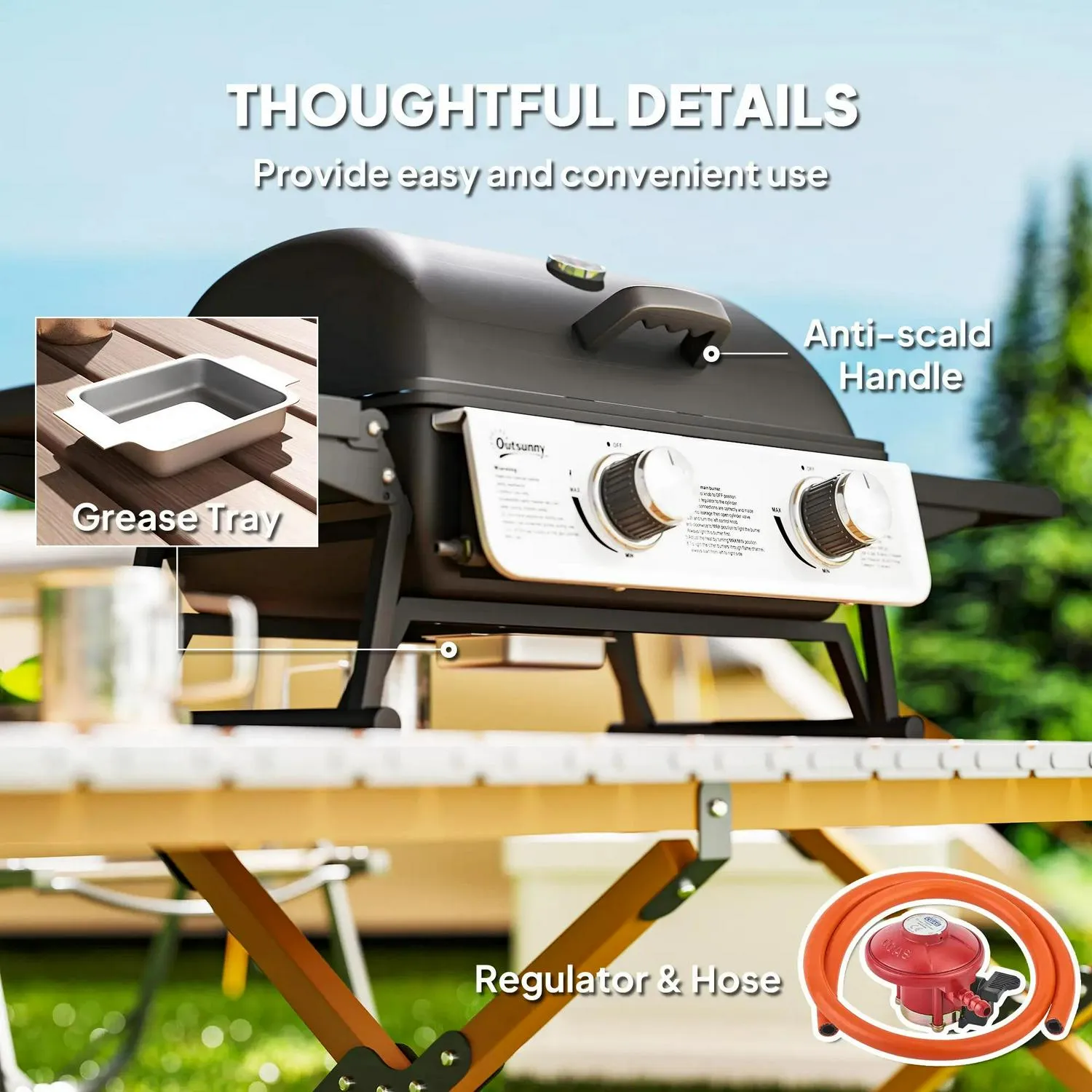 Grease Burner Tables, Tray For Grill Party Built-in Cooking Garden Portable Foldable Black Barbecue BBQ 5.6KW, 2 Premium finish Thermometer, With Lid, Picnic Gas Client satisfaction Camping Outdoor Outsunny Tabletop Side