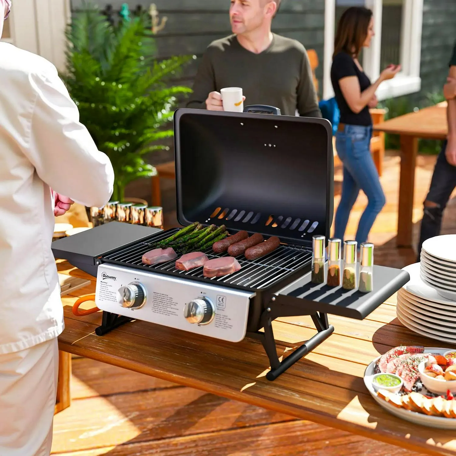 Grease Burner Tables, Tray For Grill Party Built-in Cooking Garden Portable Foldable Black Barbecue BBQ 5.6KW, 2 Premium finish Thermometer, With Lid, Picnic Gas Client satisfaction Camping Outdoor Outsunny Tabletop Side
